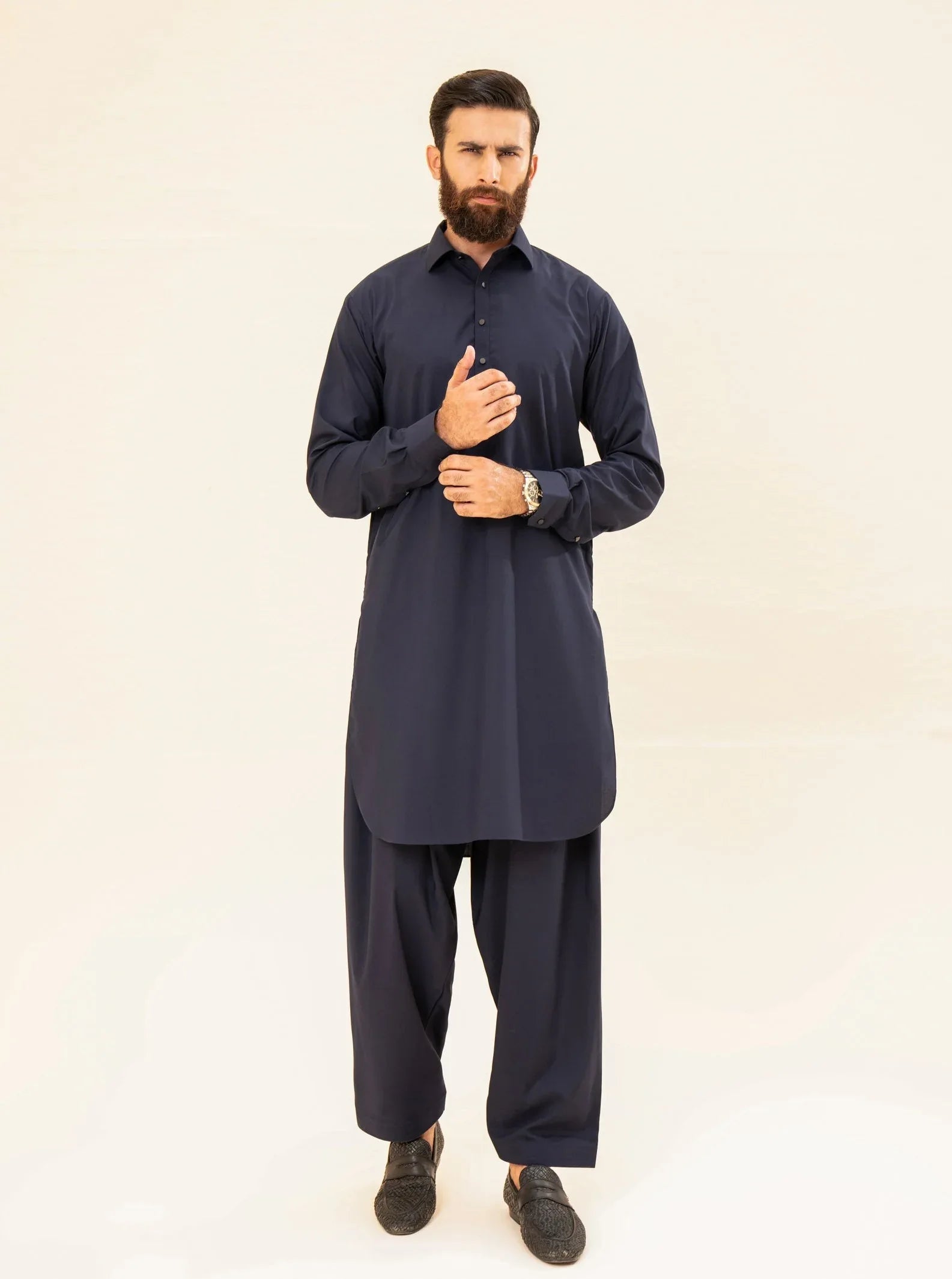 Navy Blue French Collar Kameez Shalwar - Men - Muraqsh -- Menswear
