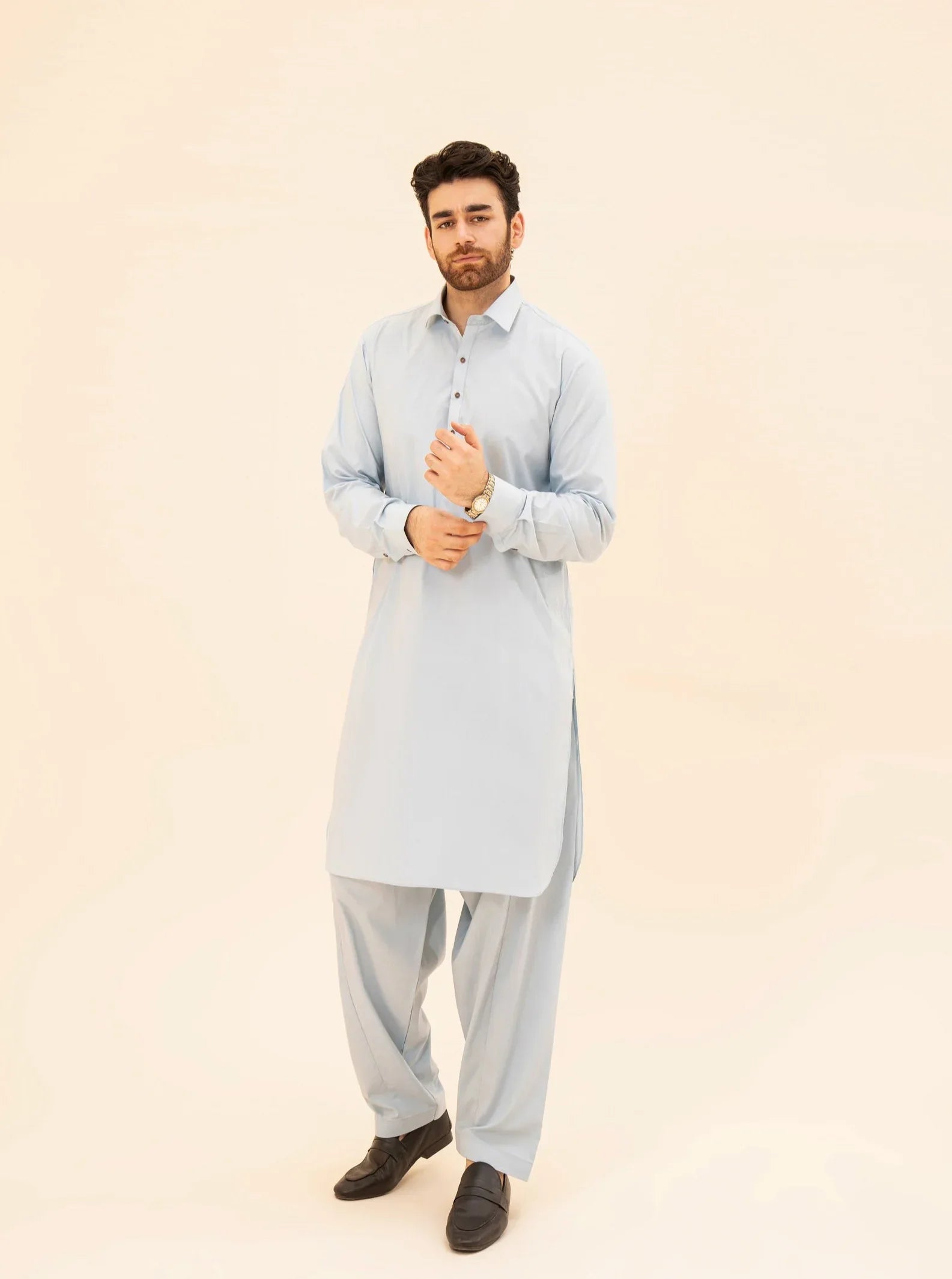 Sky Blue French Collar Kameez Shalwar - Men - Muraqsh -- Menswear