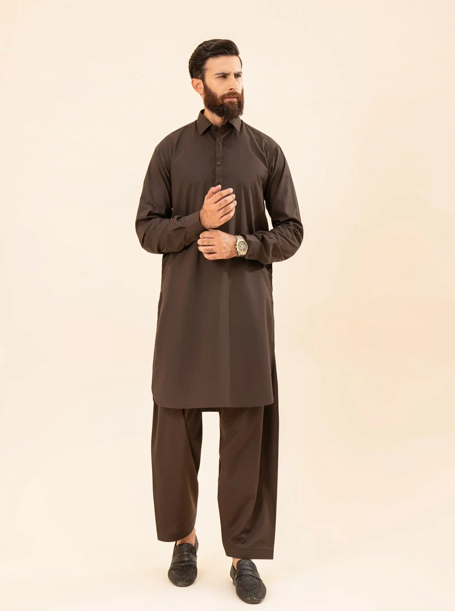 Dark Brown French Collar Kameez Shalwar - Men - Muraqsh -- Menswear