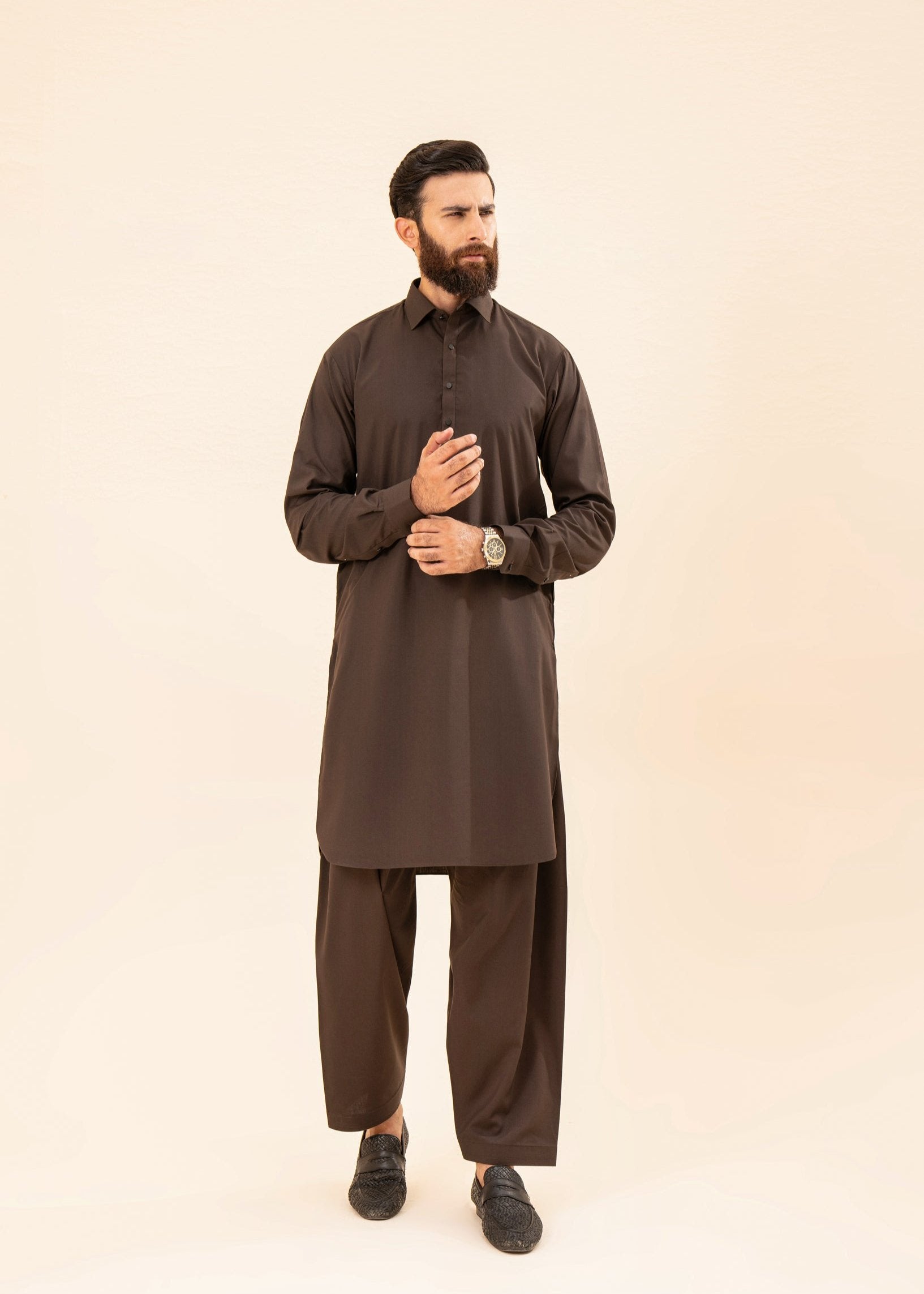 dark brown kameez shalwar with french collar