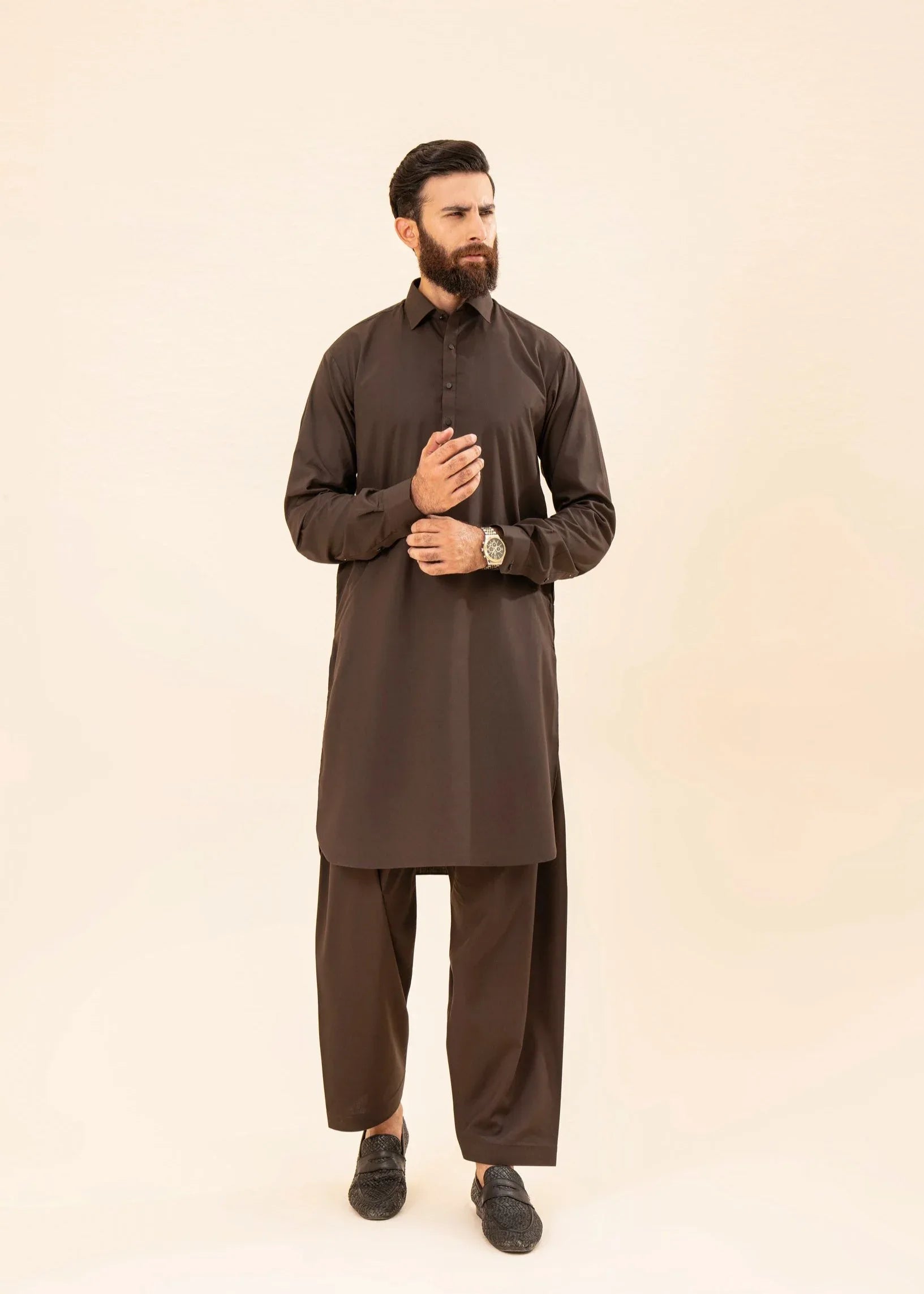dark brown kameez shalwar with french collar
