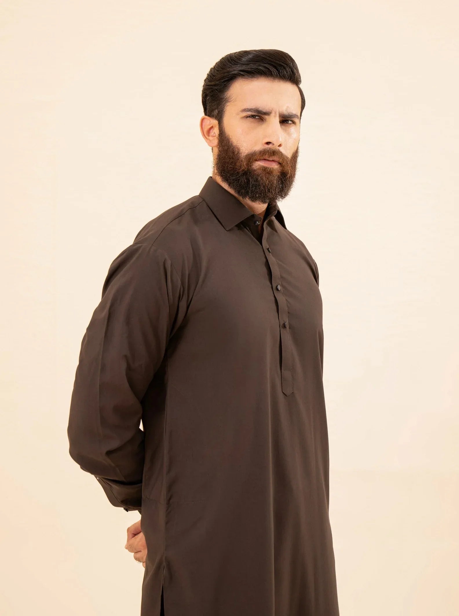 Dark Brown French Collar Kameez Shalwar - Men - Muraqsh -- Menswear