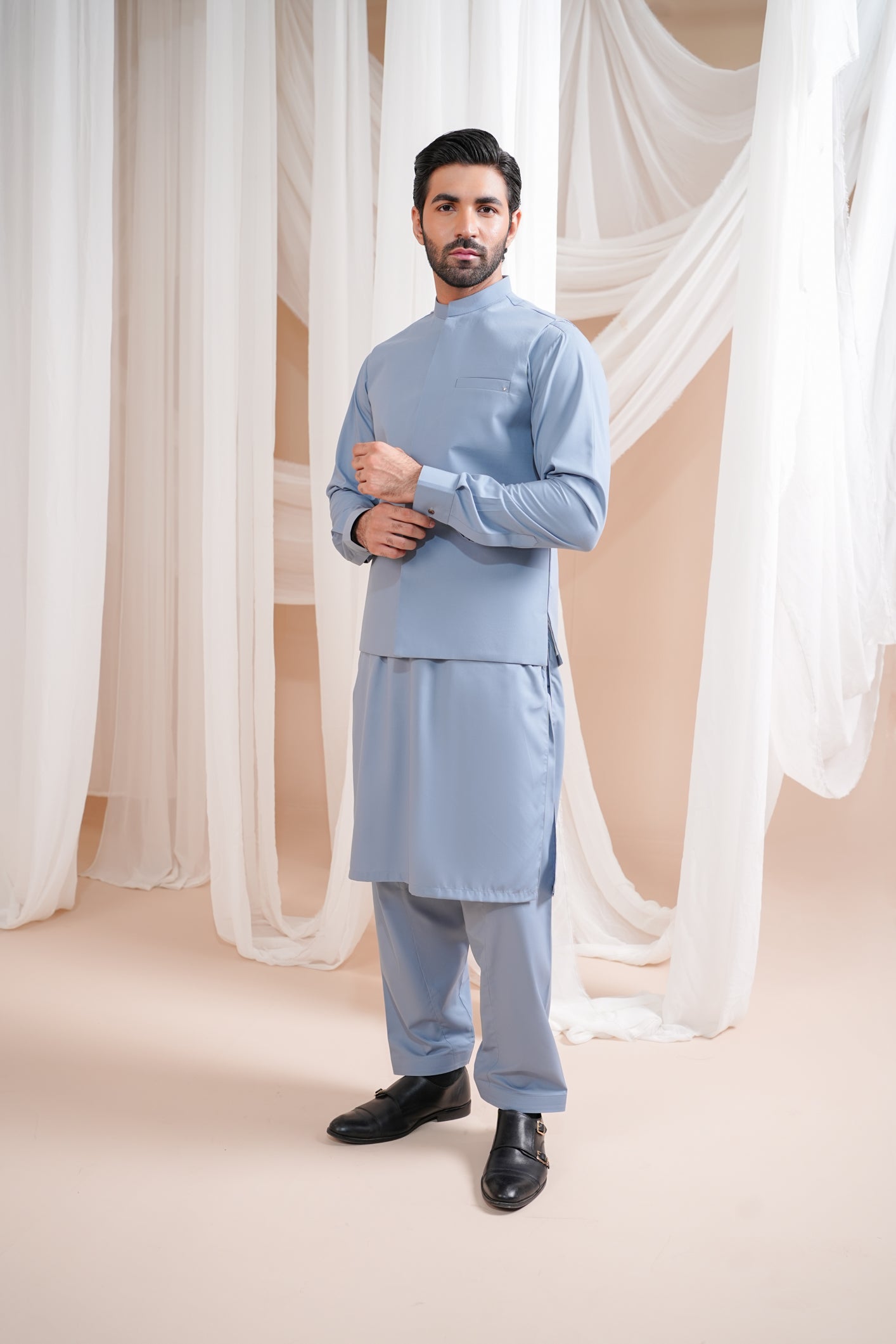Sapphire Blue Luxury Formal Kameez Shalwar with Blended Waistcoat - Straight Cut - Men