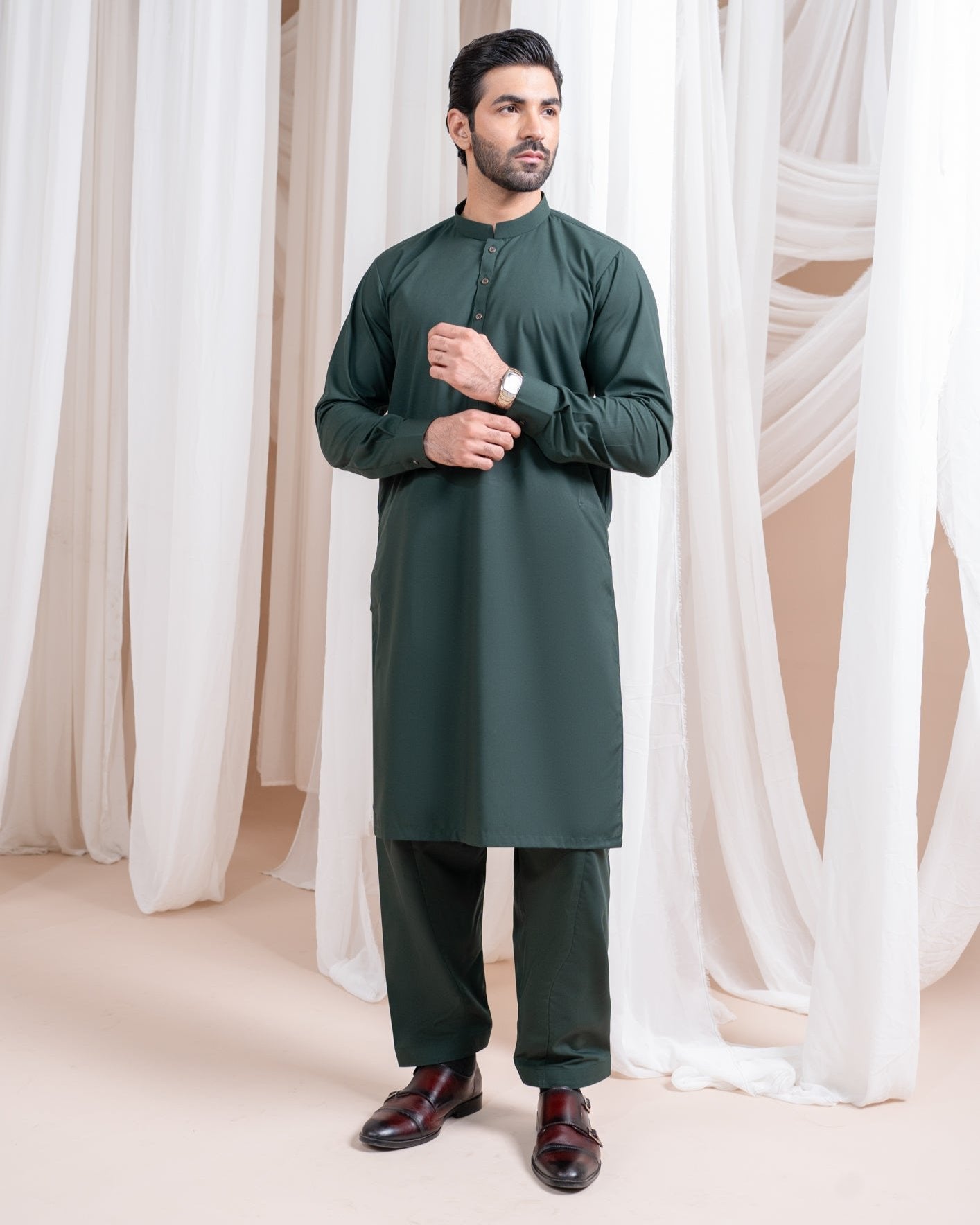 Bottle Green Luxury Blended Kurta Shalwar - Men