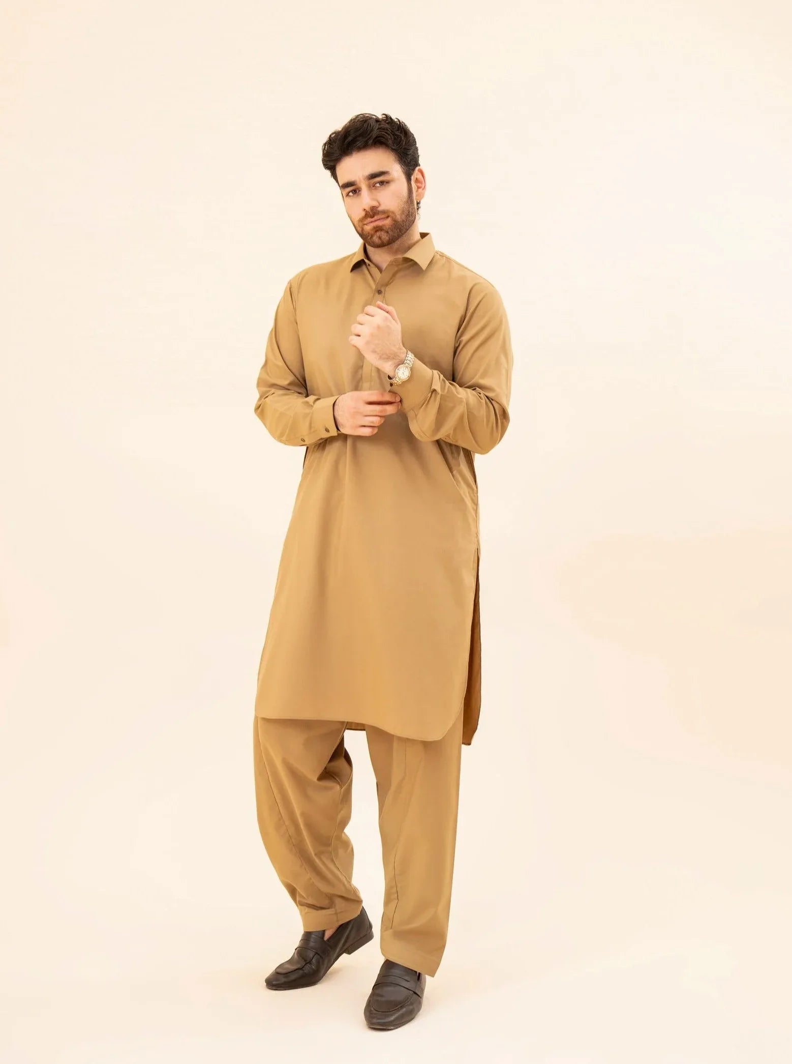 Camel French Collar Kameez Shalwar - Men - Muraqsh -- Menswear