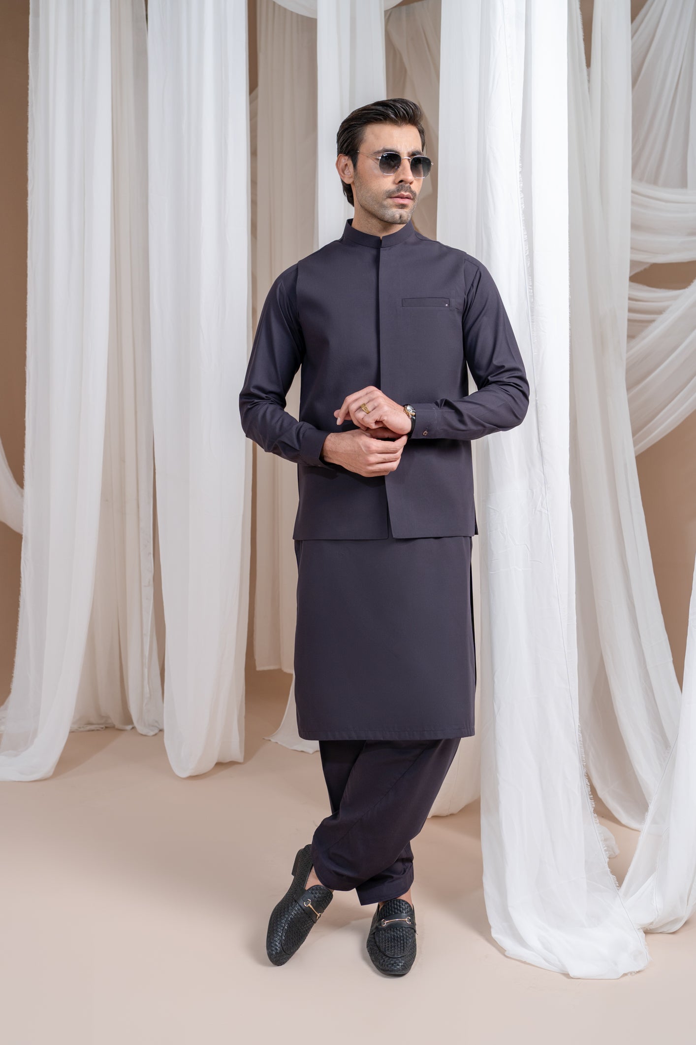 Burgundy Luxury Formal Kameez Shalwar with Blended Waistcoat - Straight Cut - Men