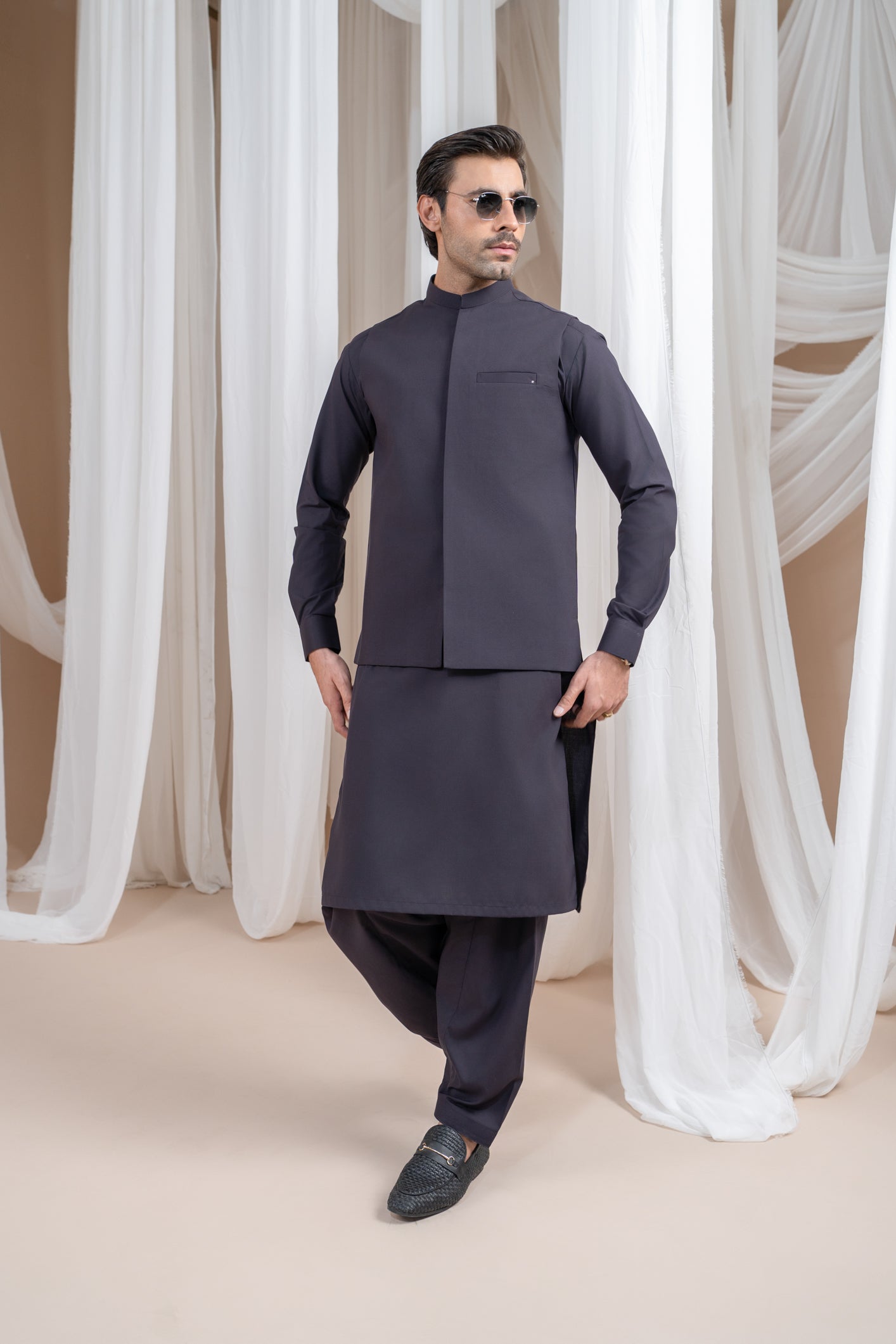 Burgundy Luxury Formal Kameez Shalwar with Blended Waistcoat - Straight Cut - Men