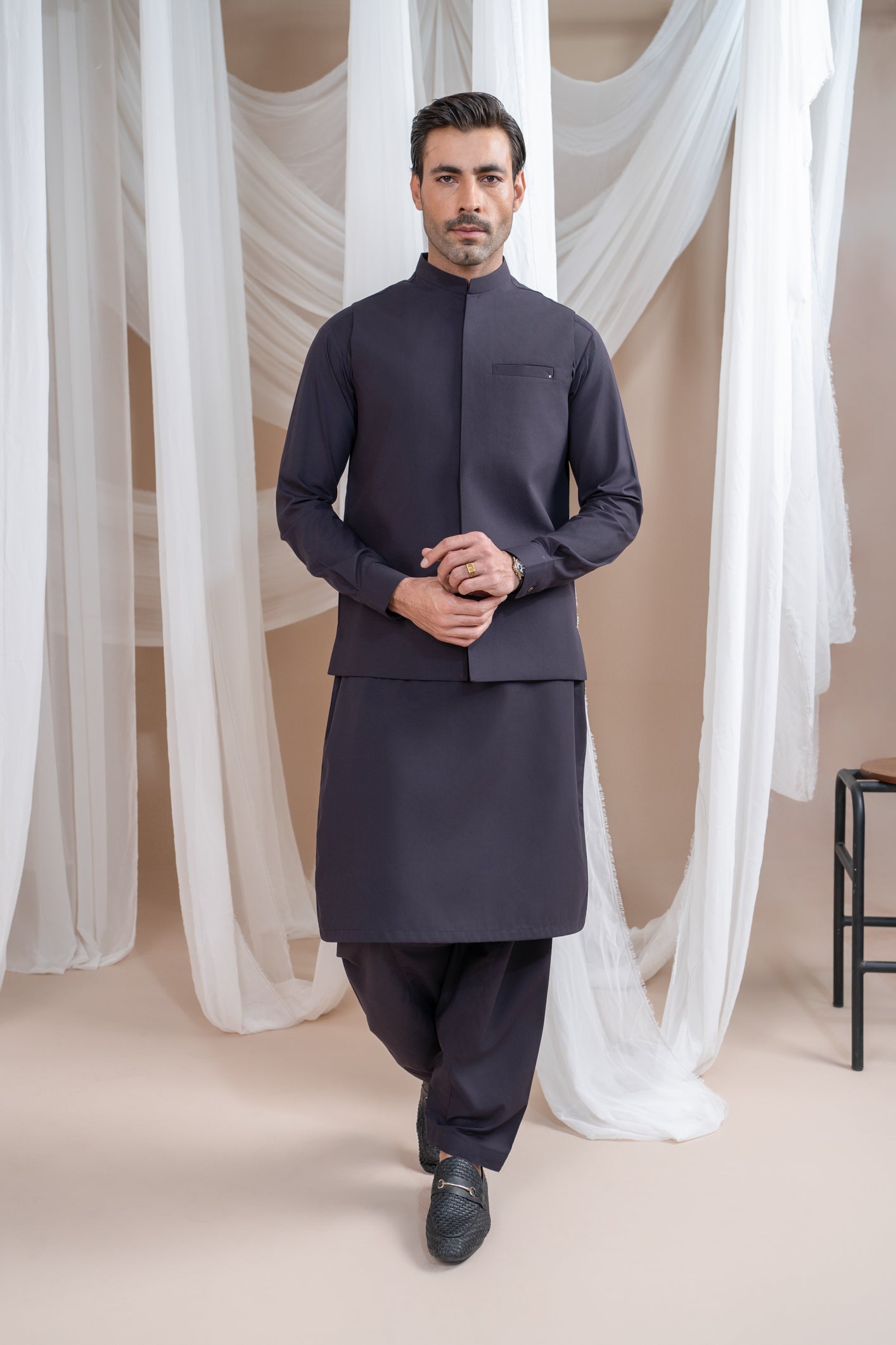 Burgundy Luxury Formal Kameez Shalwar with Blended Waistcoat - Straight Cut - Men