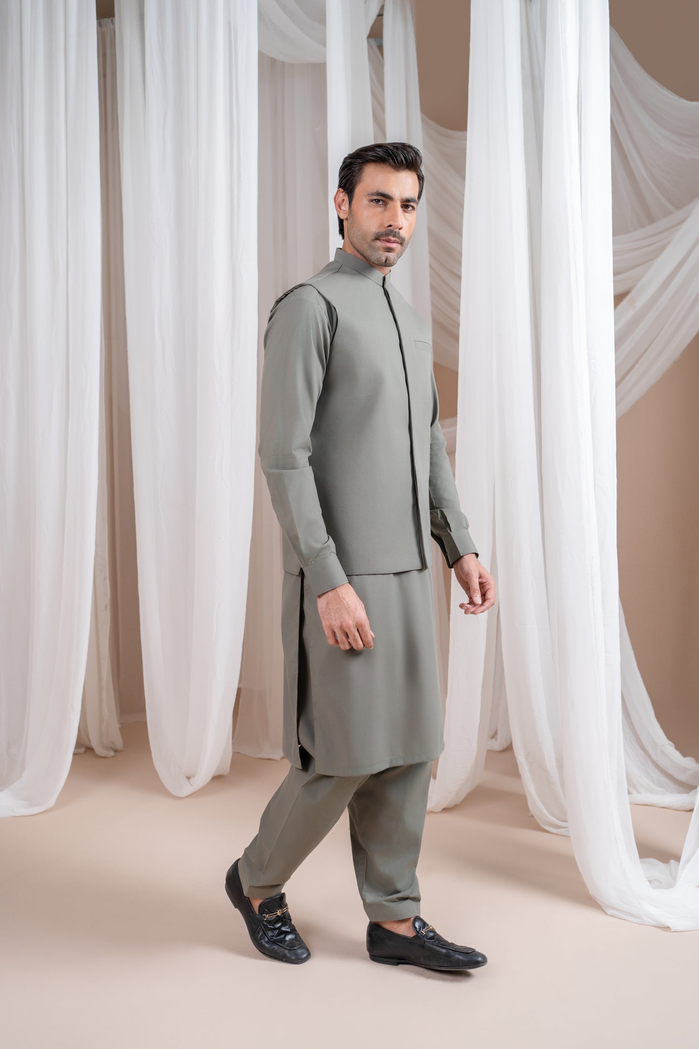 Sand Grey Luxury Formal Kameez Shalwar with Blended Waistcoat - Straight Cut - Men