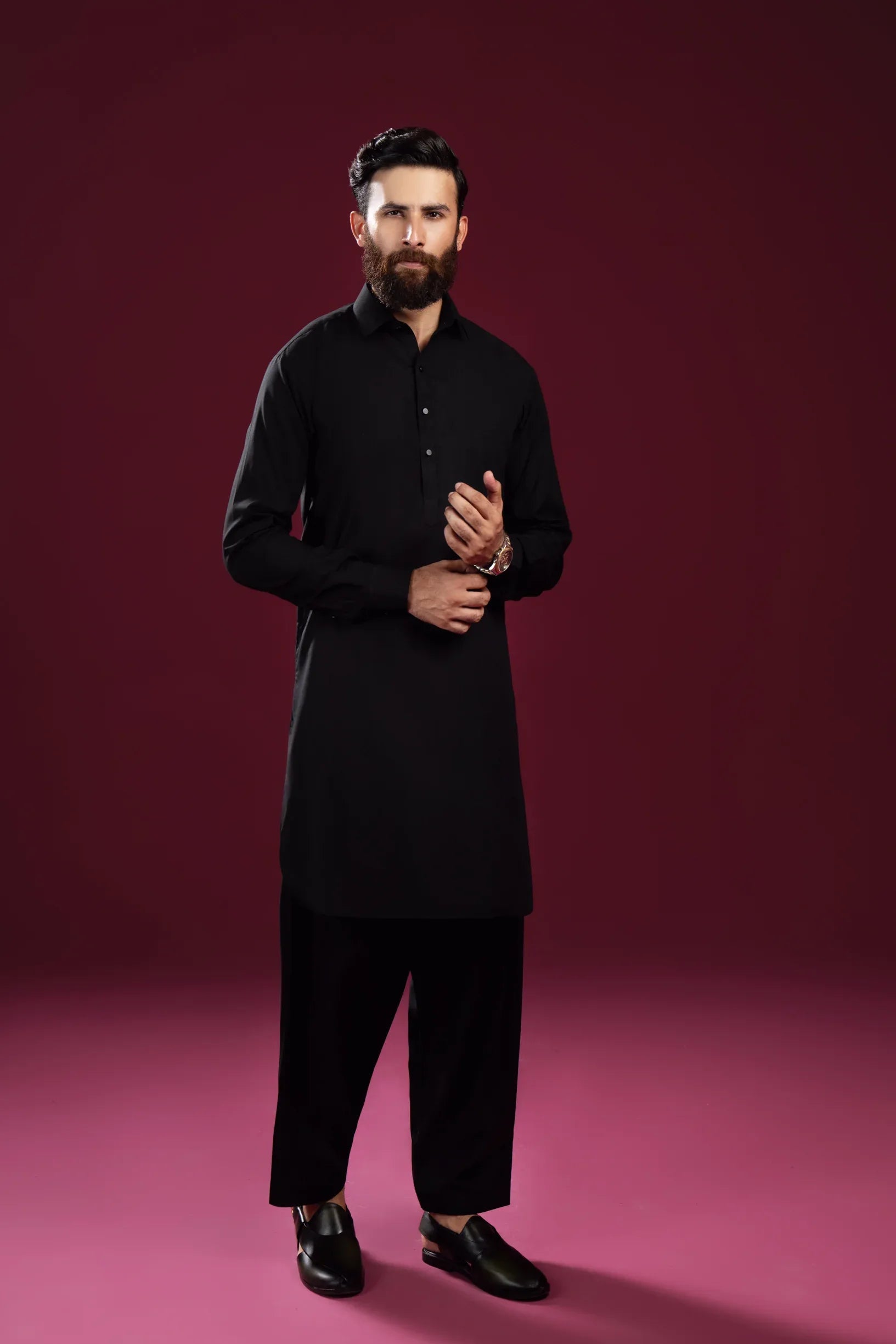 Black French Collar Kameez Shalwar - Men - Muraqsh -- Menswear