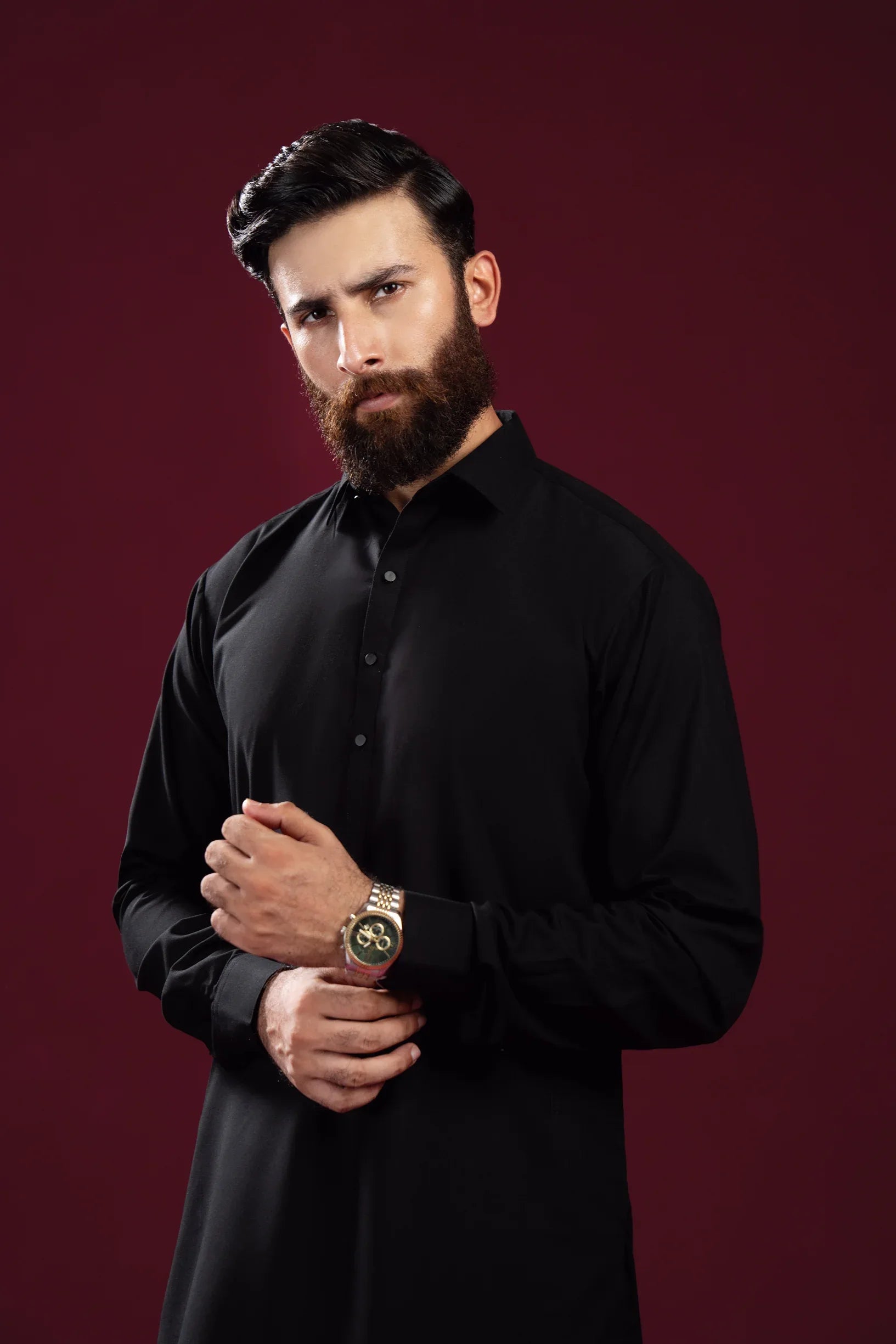 Black French Collar Kameez Shalwar - Men - Muraqsh -- Menswear
