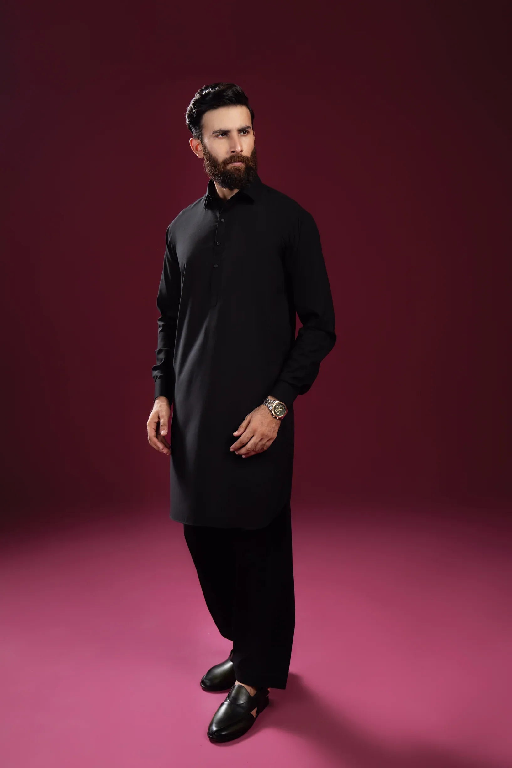 Black French Collar Kameez Shalwar - Men - Muraqsh -- Menswear