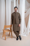 Light Brown Luxury Formal Kameez Shalwar with Blended Waistcoat - Straight Cut - Men