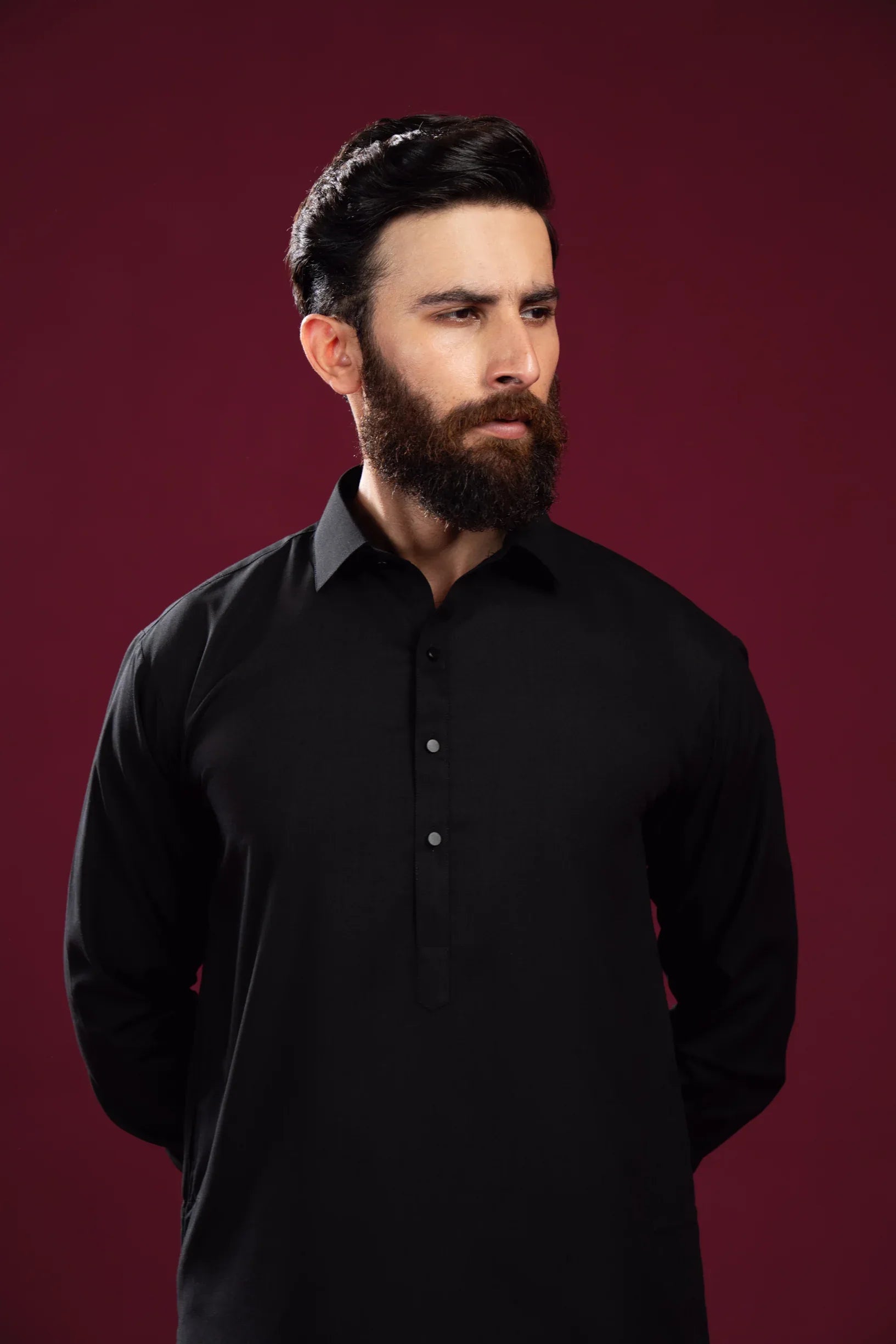 Black French Collar Kameez Shalwar - Men - Muraqsh -- Menswear