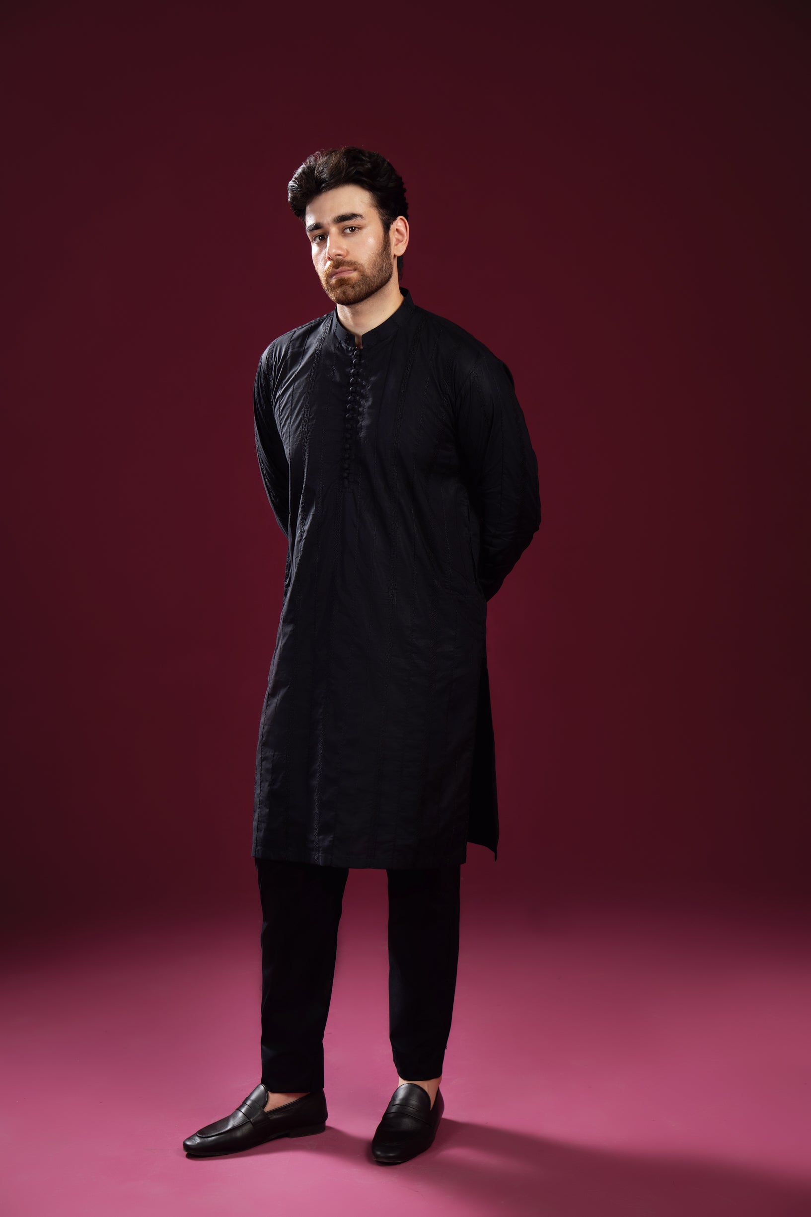 Black Luppi Falling Cotton Embroidered Kurta Trouser - Men