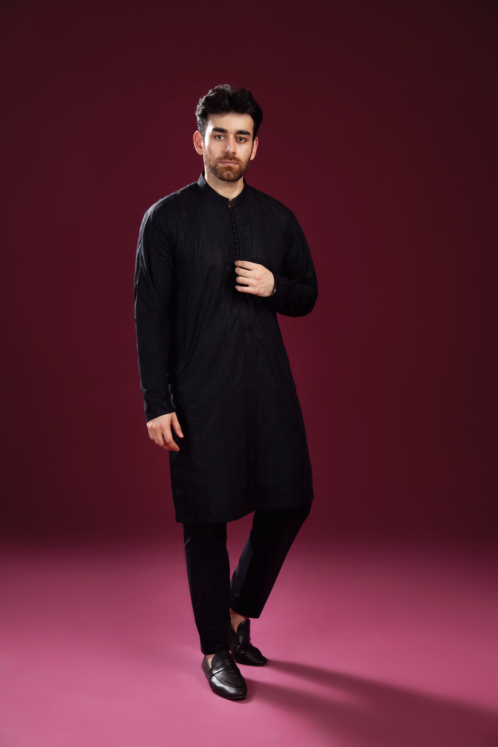 Black Luppi Falling Cotton Embroidered Kurta Trouser - Men