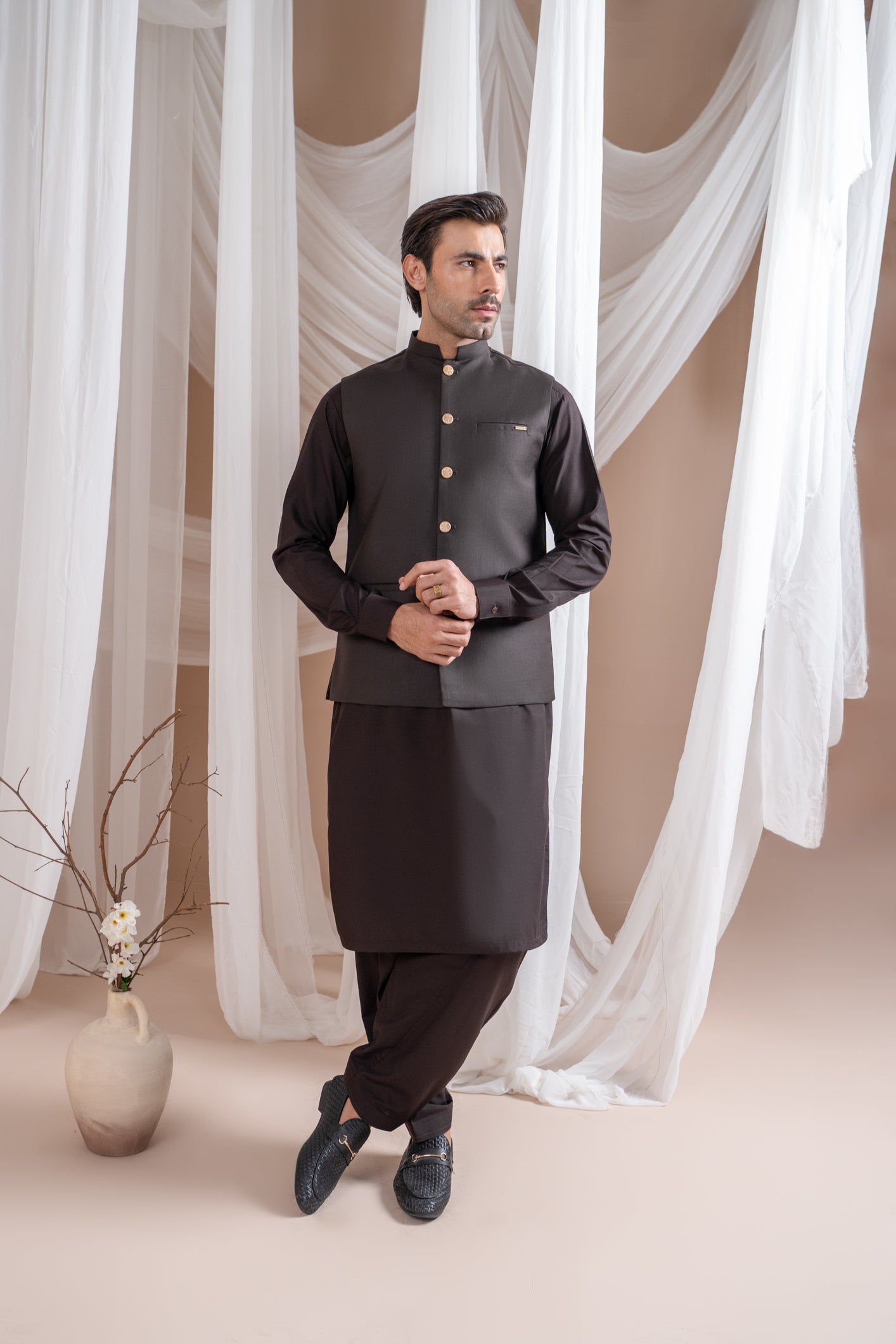 Dark Brown Kurta Shalwar with Suiting Waistcoat Straight Cut Men