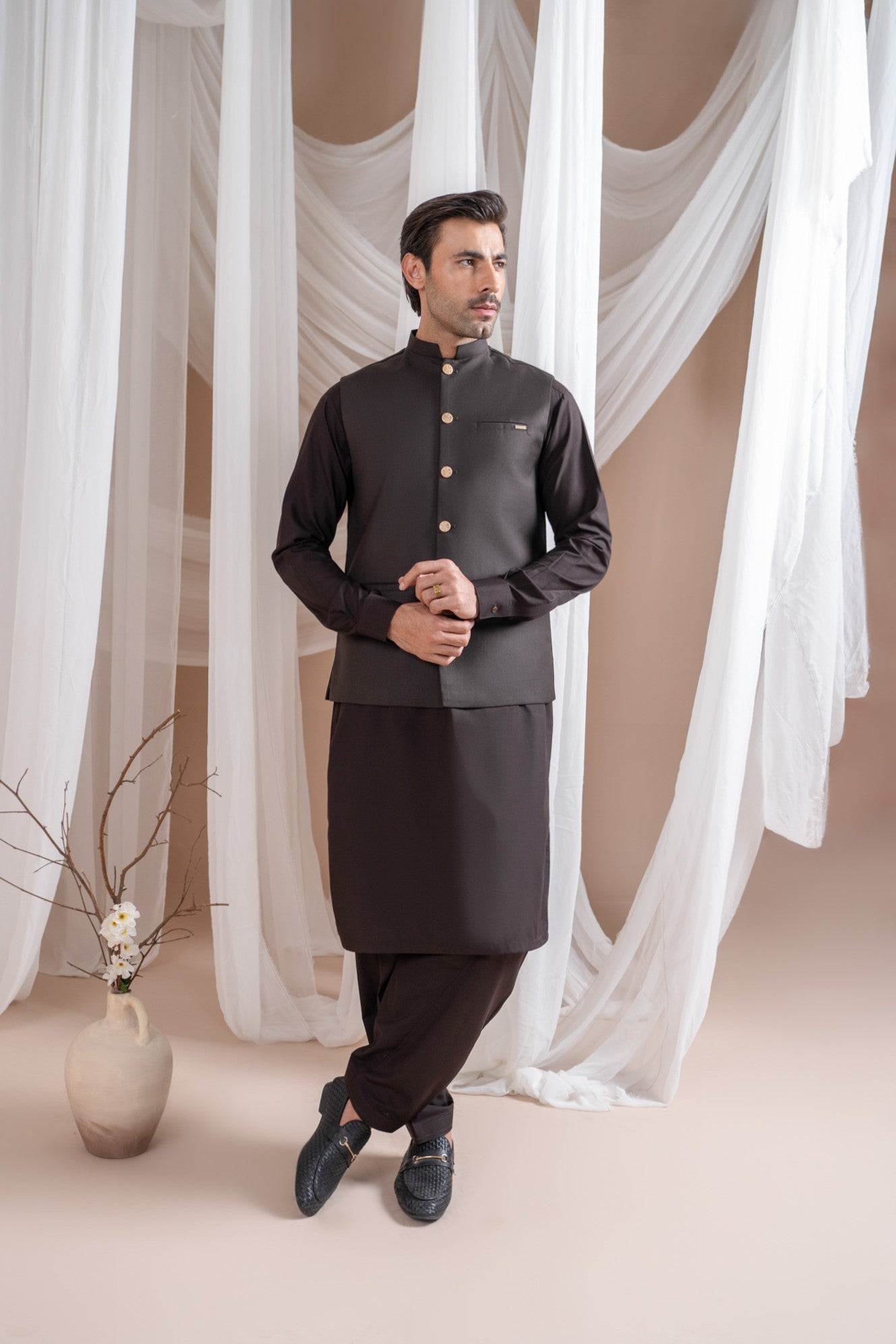 Dark Brown Kurta Shalwar with Suiting Waistcoat - Straight Cut - Men