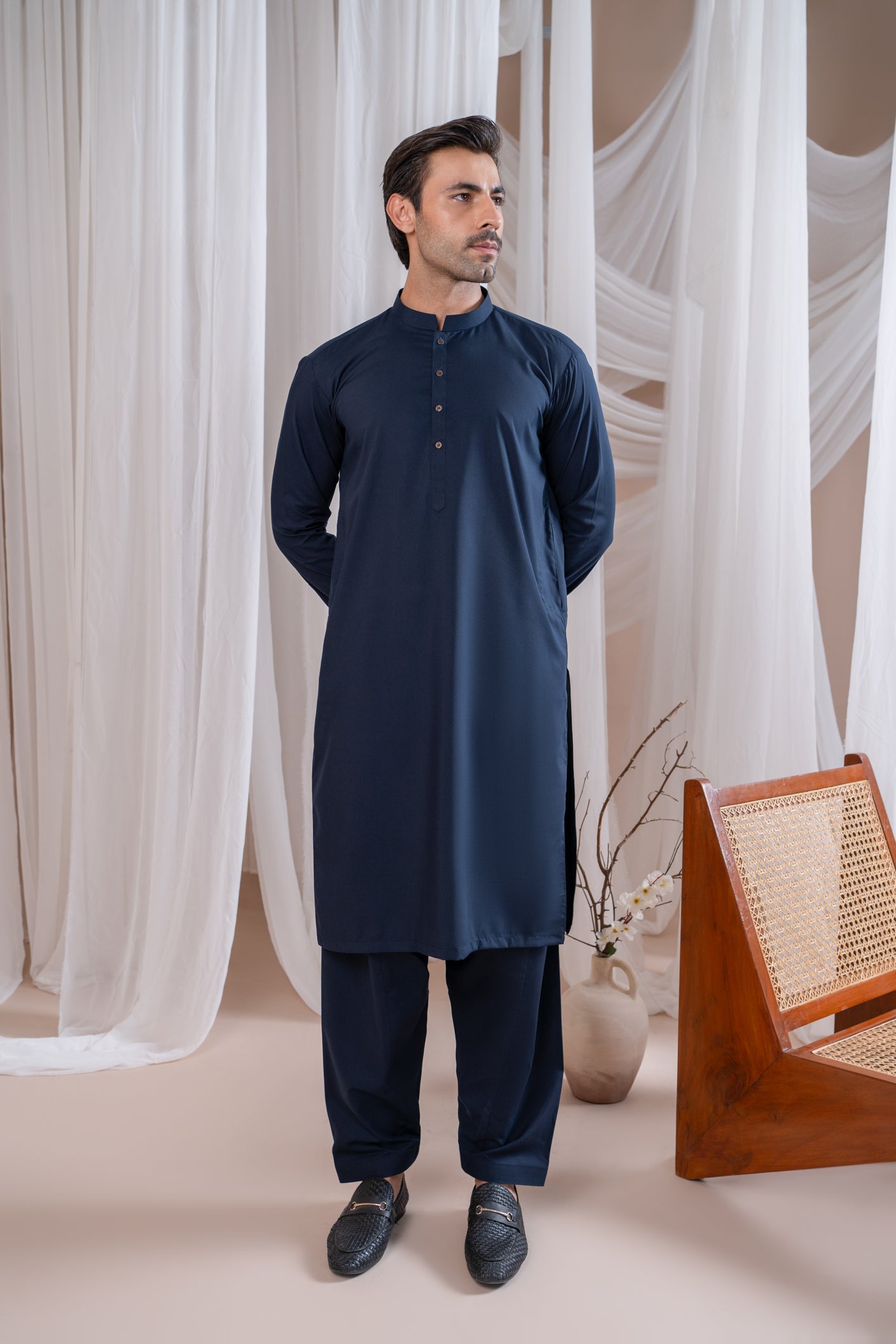 Navy Blue Kurta Trouser/Shalwar - Men