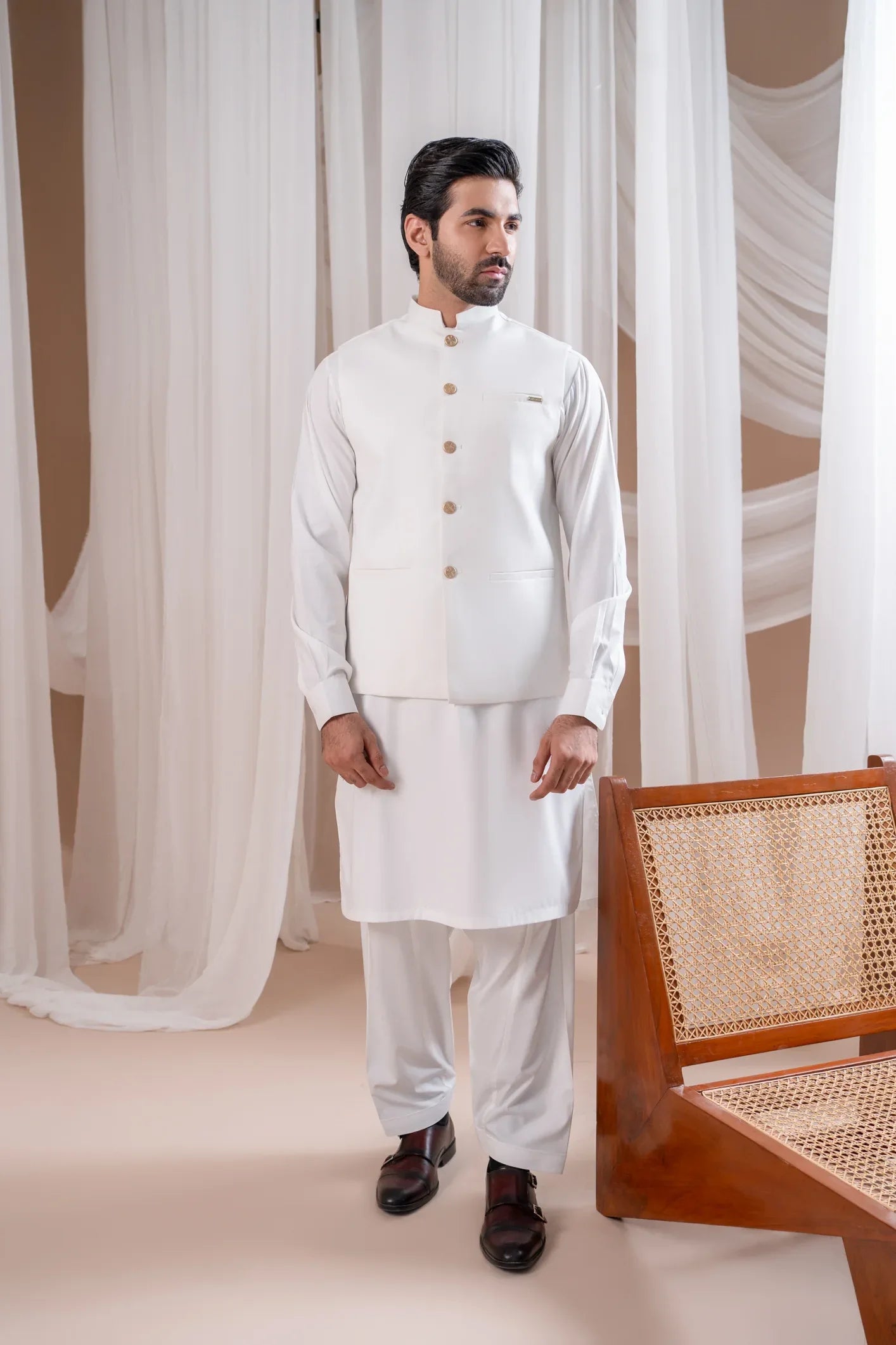 Off White Kurta Shalwar with Suiting Waistcoat - Straight Cut - Men - Muraqsh -- Menswear