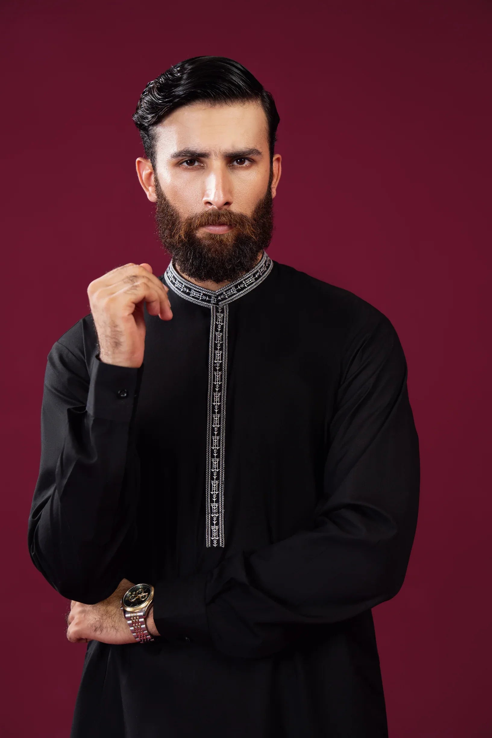 Formal Black Kurta Shalwar - Falling Collar Neck Embroidered - Men - Muraqsh -- Menswear