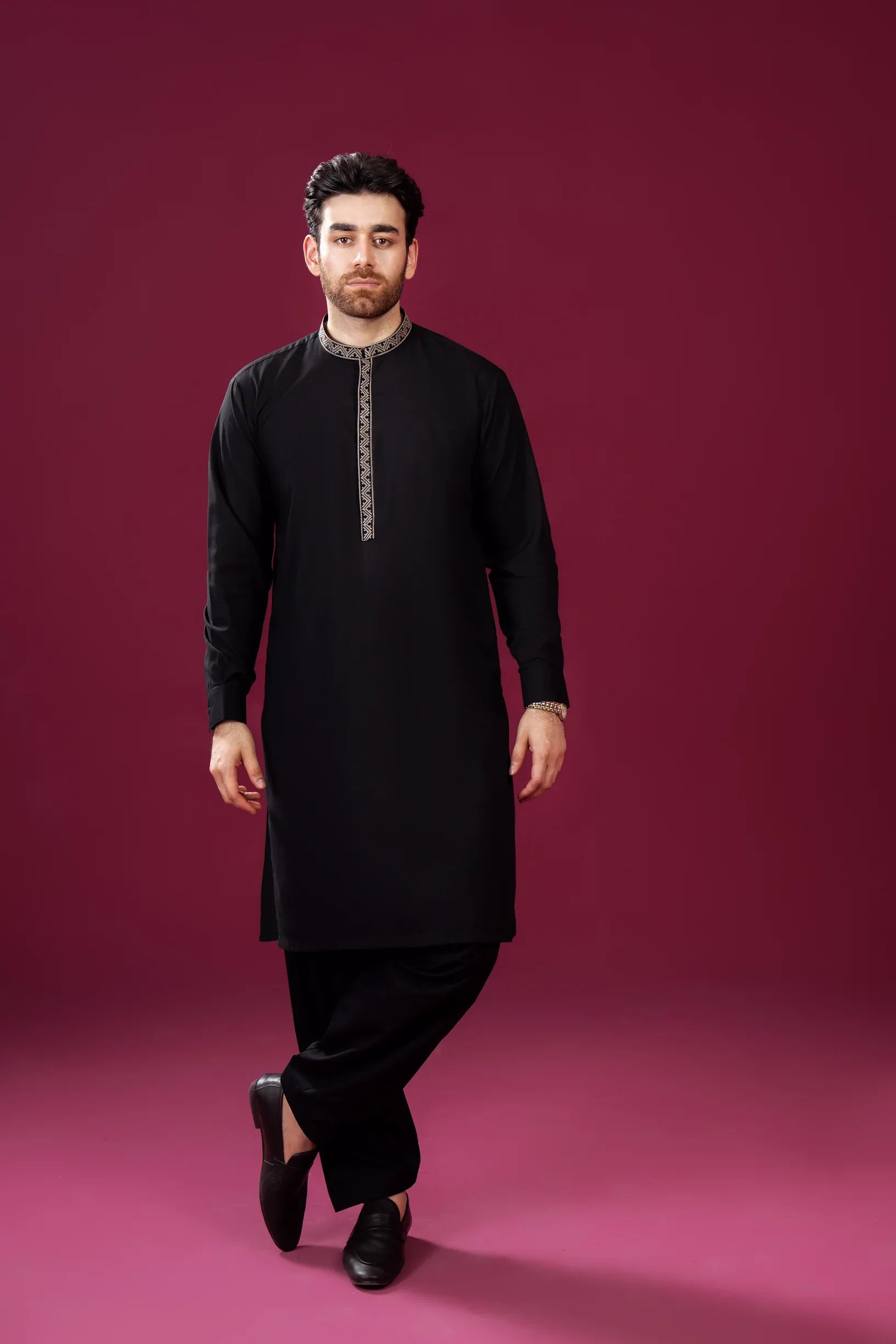 Formal Black Kurta Shalwar - Pattern Collar Neck Embroidered - Men - Muraqsh -- Menswear