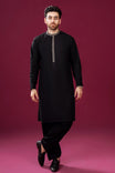 Formal Black Kurta Shalwar - Pattern Collar Neck Embroidered - Men - Muraqsh -- Menswear