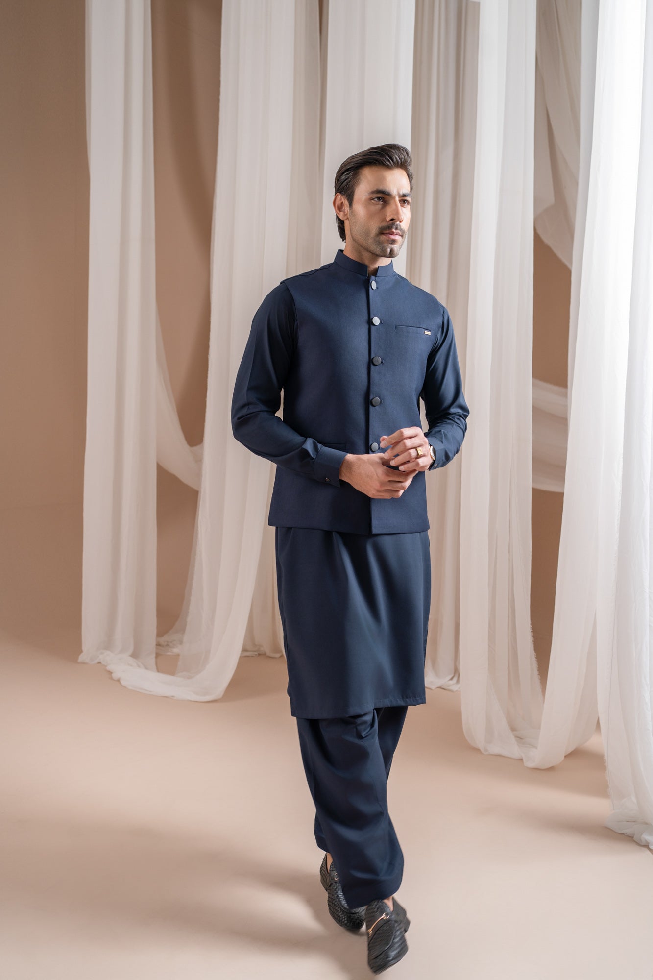 Navy Blue Kurta Shalwar with Suiting Waistcoat - Straight Cut - Men