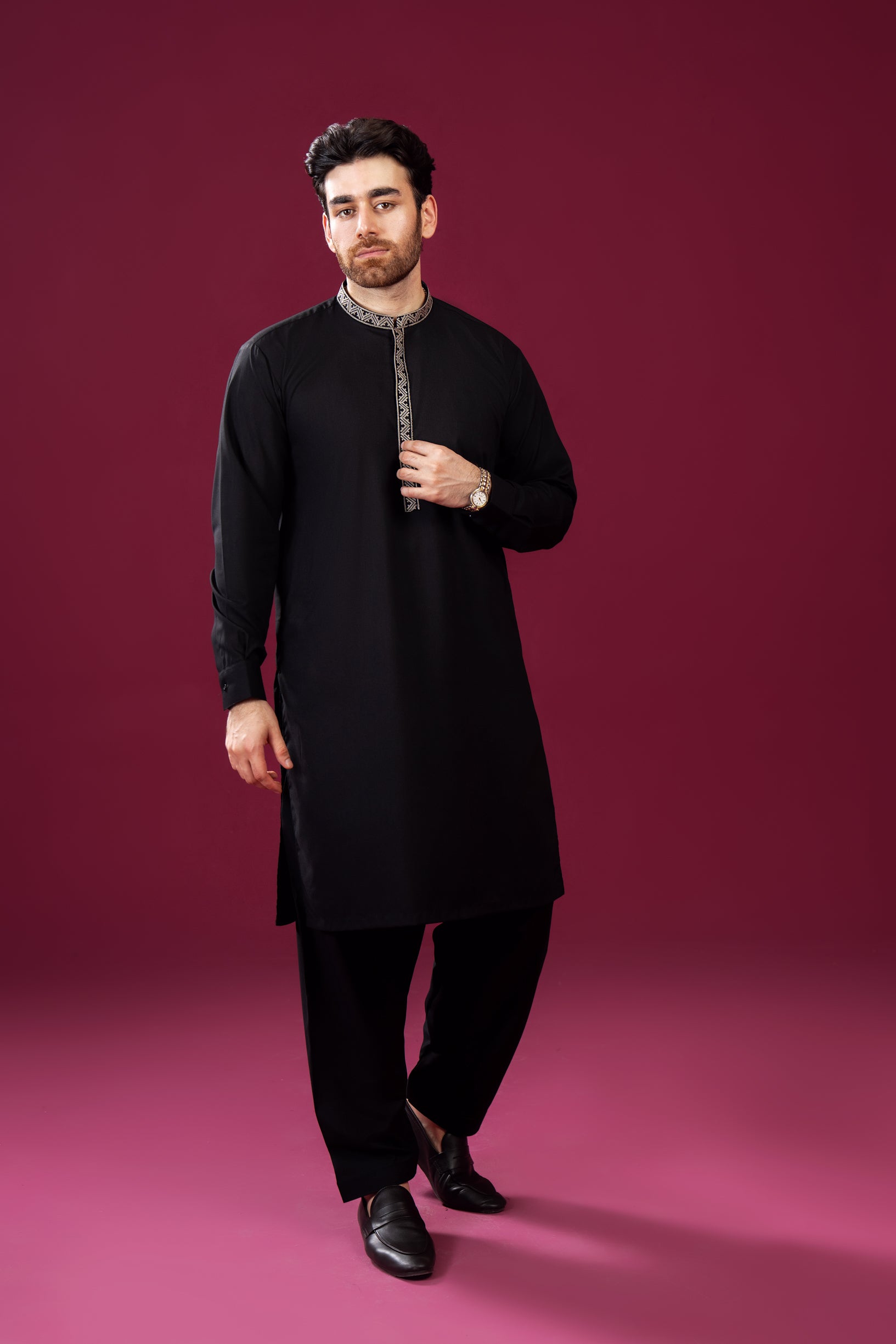 Formal Black Kurta Shalwar - Pattern Collar Neck Embroidered - Men