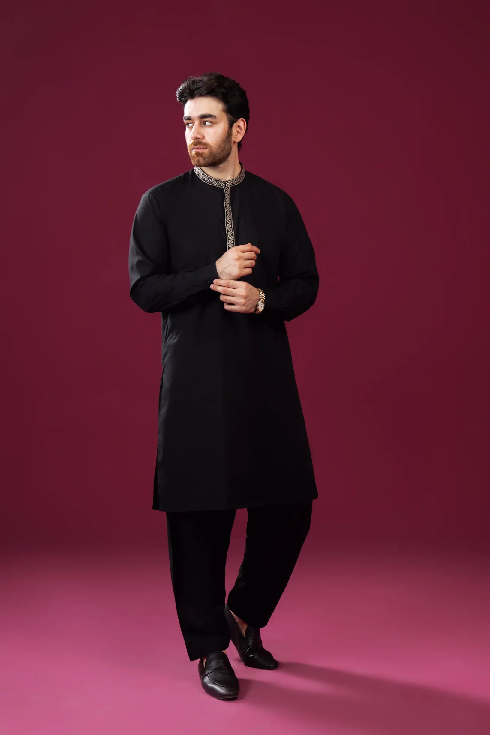 Formal Black Kurta Shalwar - Pattern Collar Neck Embroidered - Men - Muraqsh -- Menswear