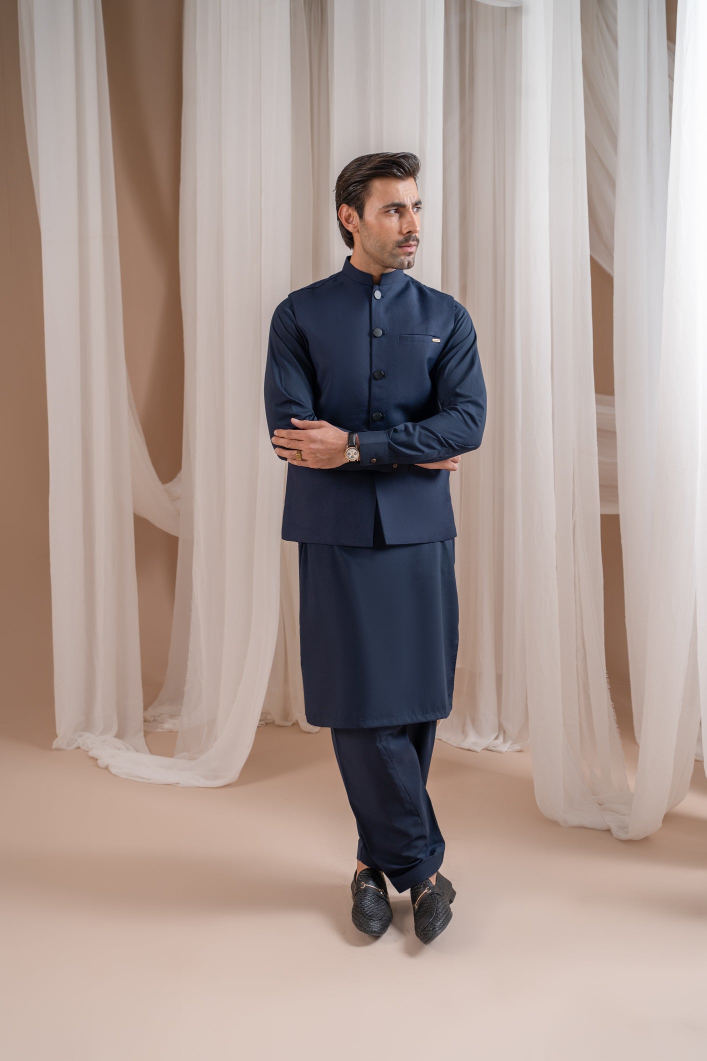 Navy Blue Kurta Shalwar with Suiting Waistcoat Straight Cut Men