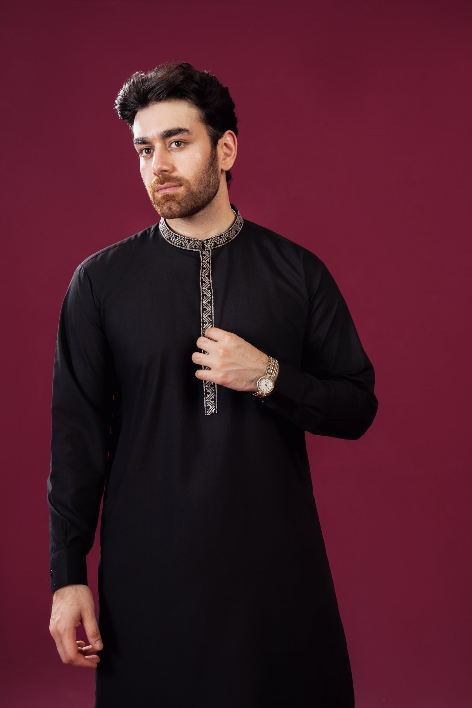Formal Black Kurta Shalwar - Pattern Collar Neck Embroidered - Men