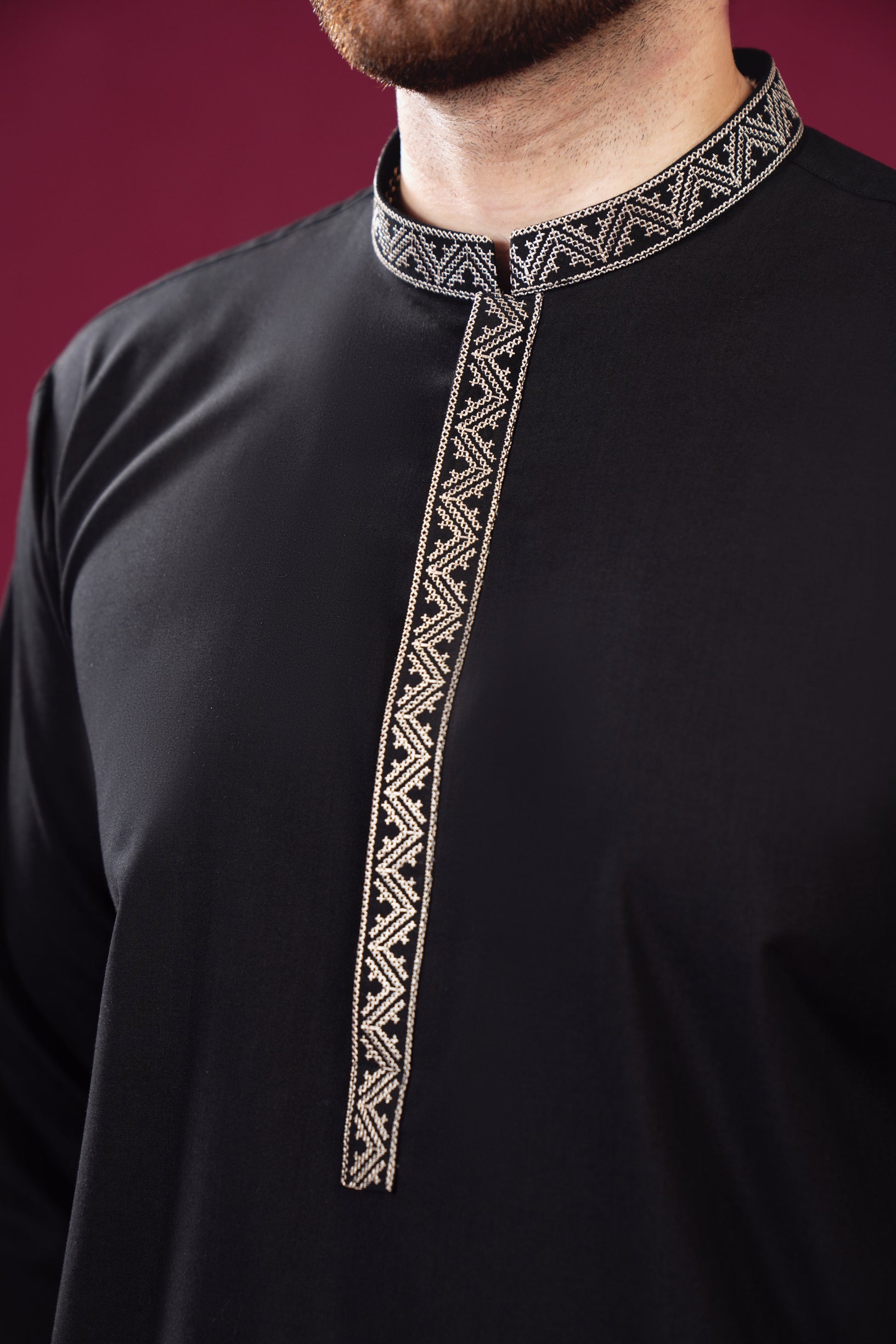 Formal Black Kurta Shalwar - Pattern Collar Neck Embroidered - Men