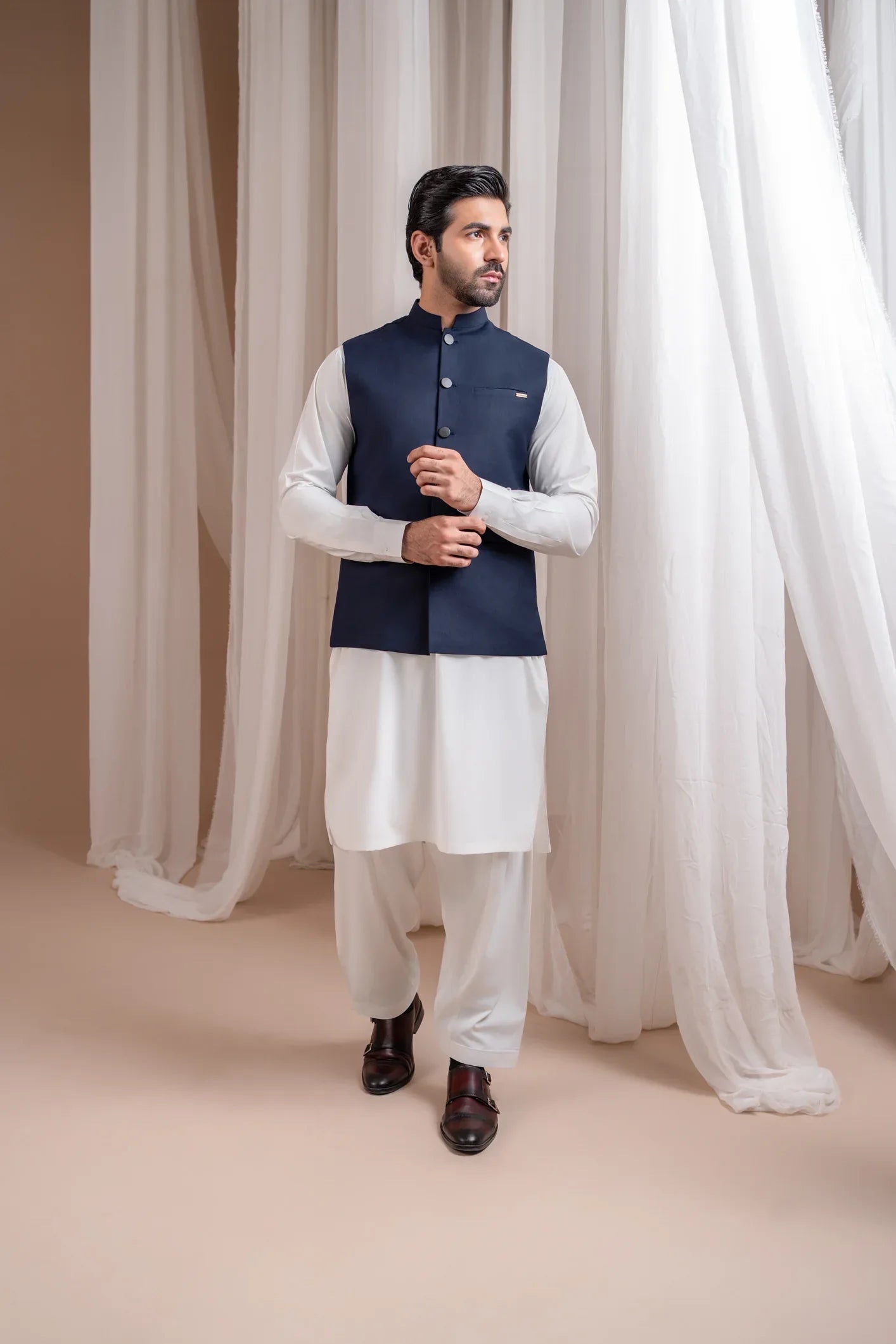 Off White Kurta Shalwar with Navy Blue Suiting Waistcoat Straight Cu