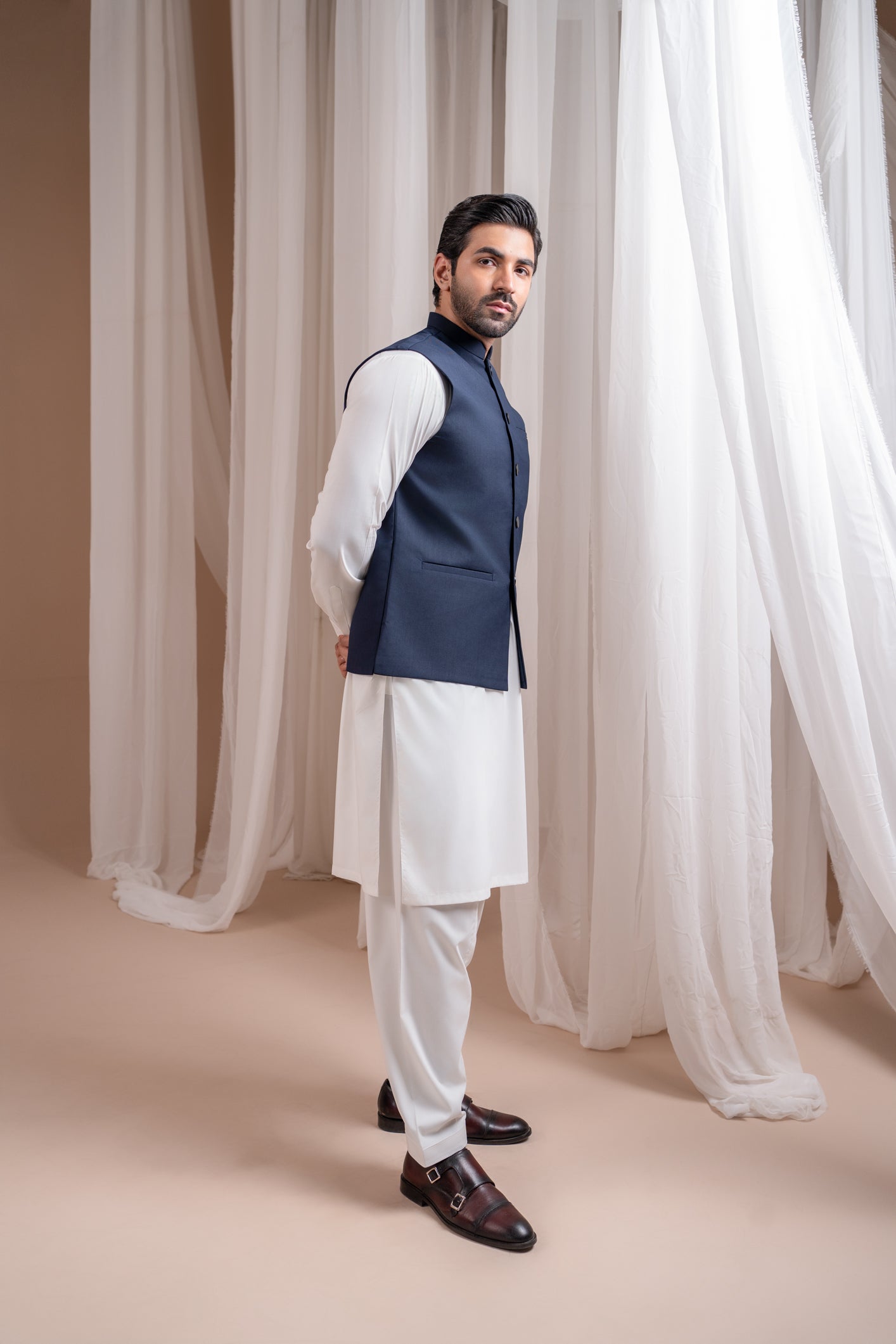 Off White Kurta Shalwar with Navy Blue Suiting Waistcoat - Straight Cut - Men