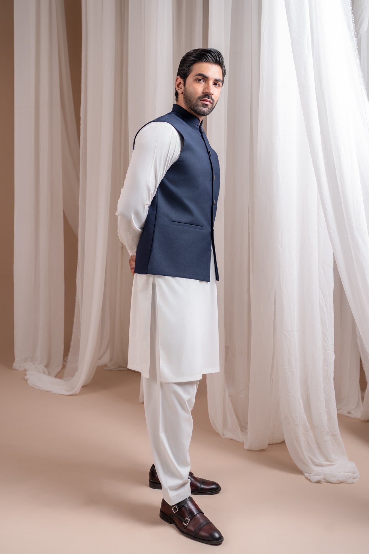 Off White Kurta Shalwar with Navy Blue Suiting Waistcoat - Straight Cut - Men