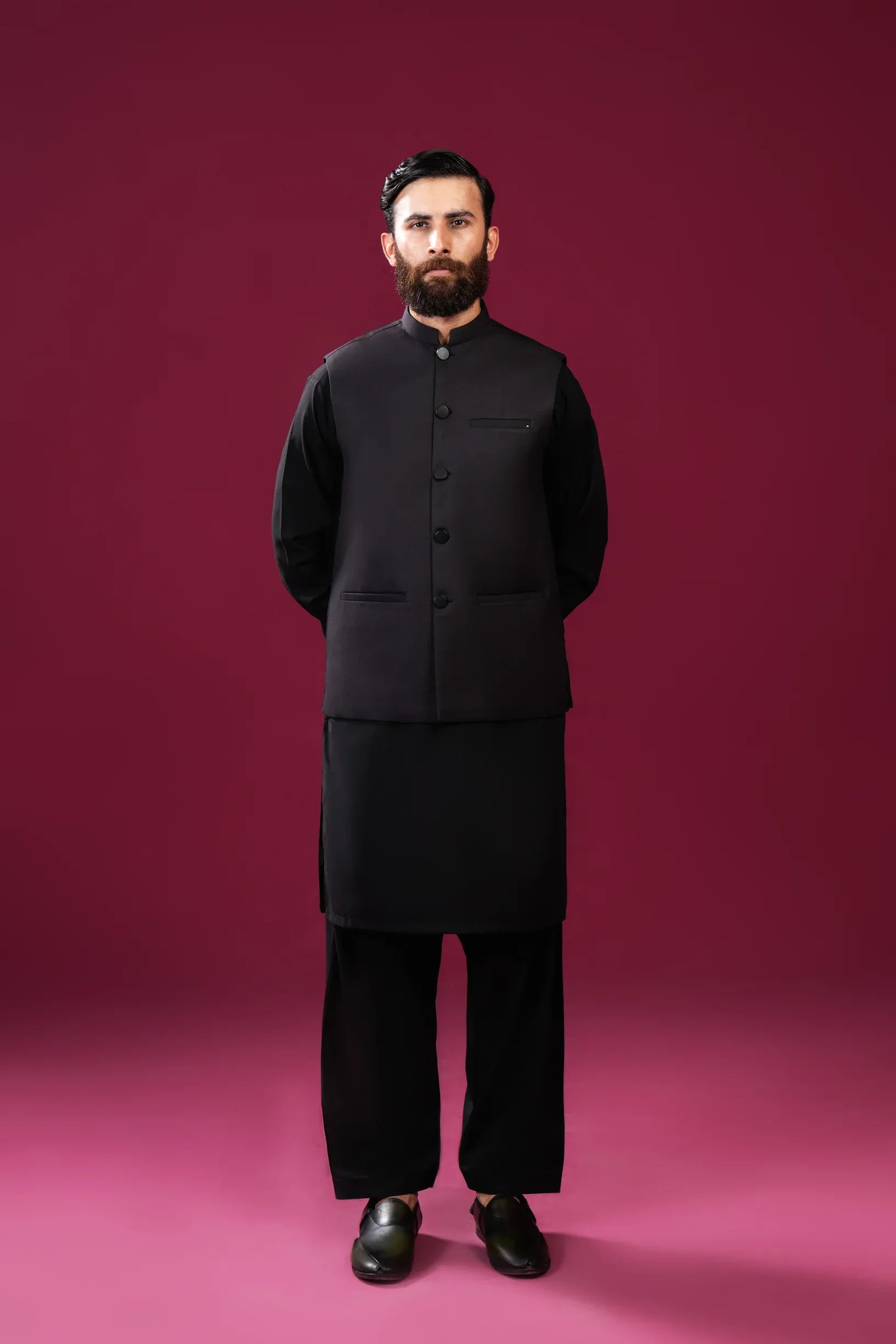 Black Kameez Shalwar with Suiting Waistcoat - Straight Cut - Men - Muraqsh -- Menswear