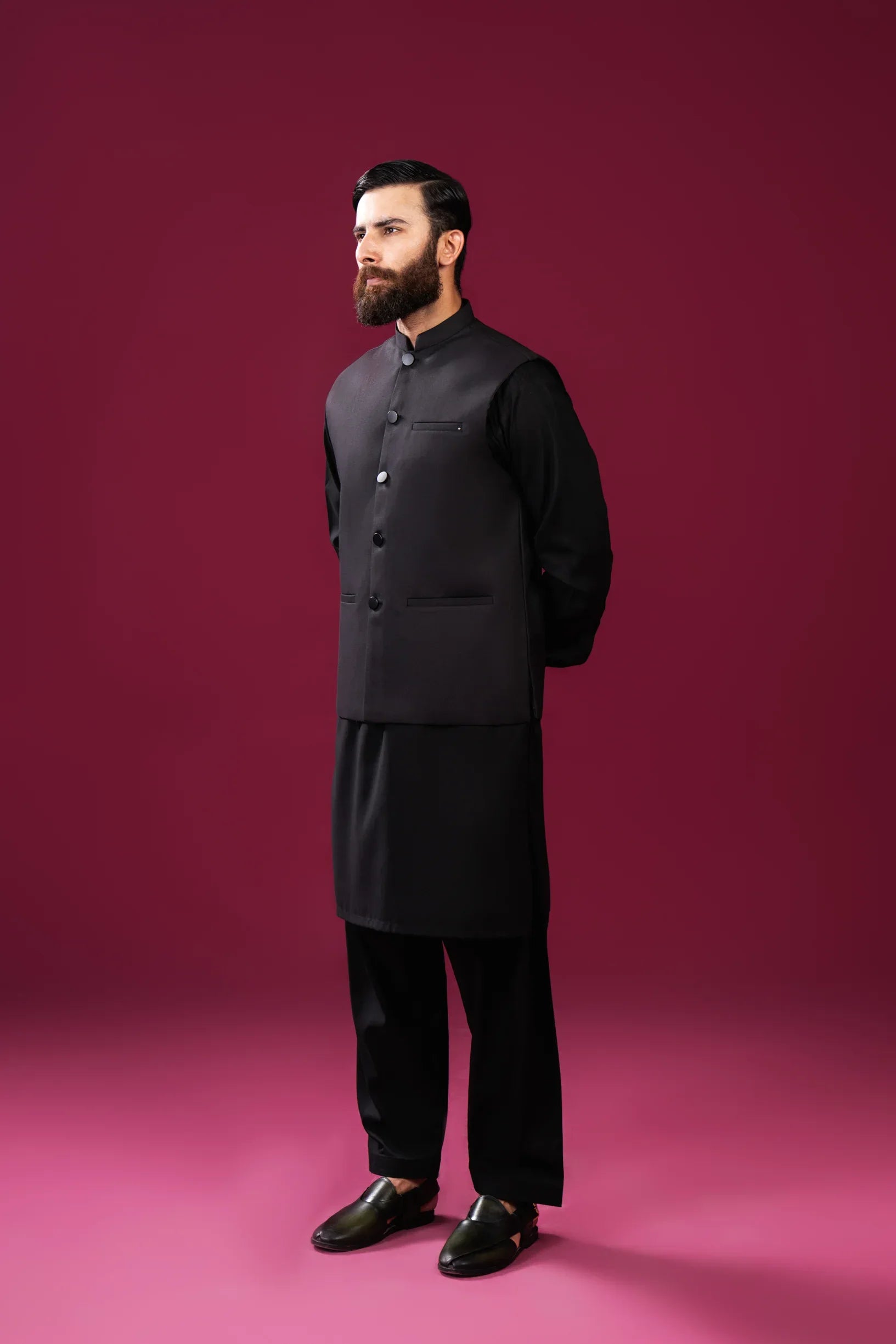 Black Kameez Shalwar with Suiting Waistcoat - Straight Cut - Men - Muraqsh -- Menswear