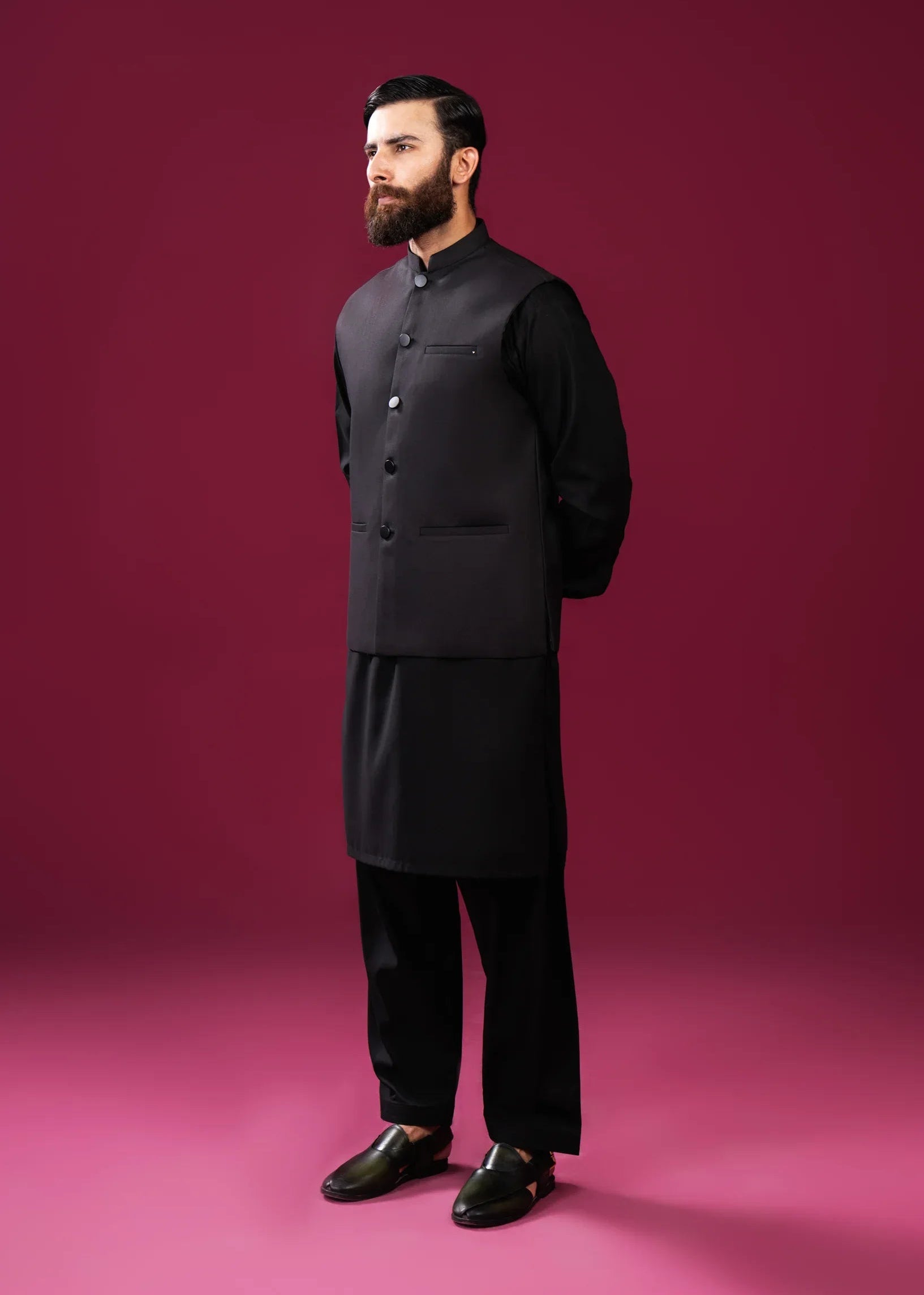 Black Kameez Shalwar with Suiting Waistcoat - Straight Cut - Men - Muraqsh -- Menswear