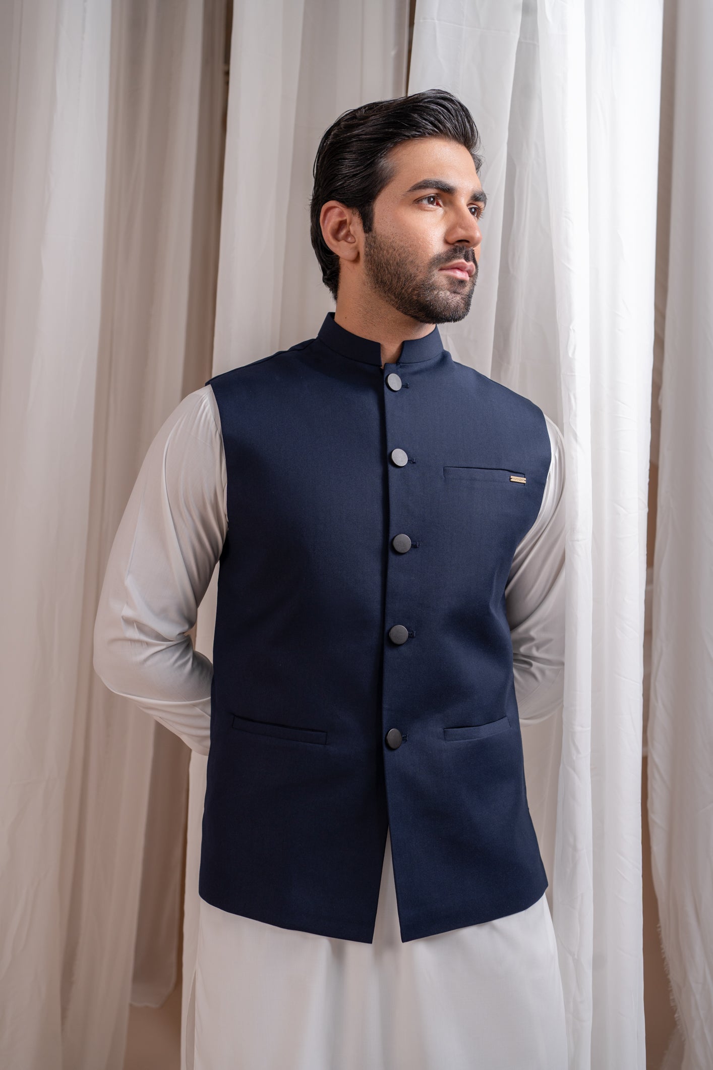 Off White Kurta Shalwar with Navy Blue Suiting Waistcoat - Straight Cut - Men