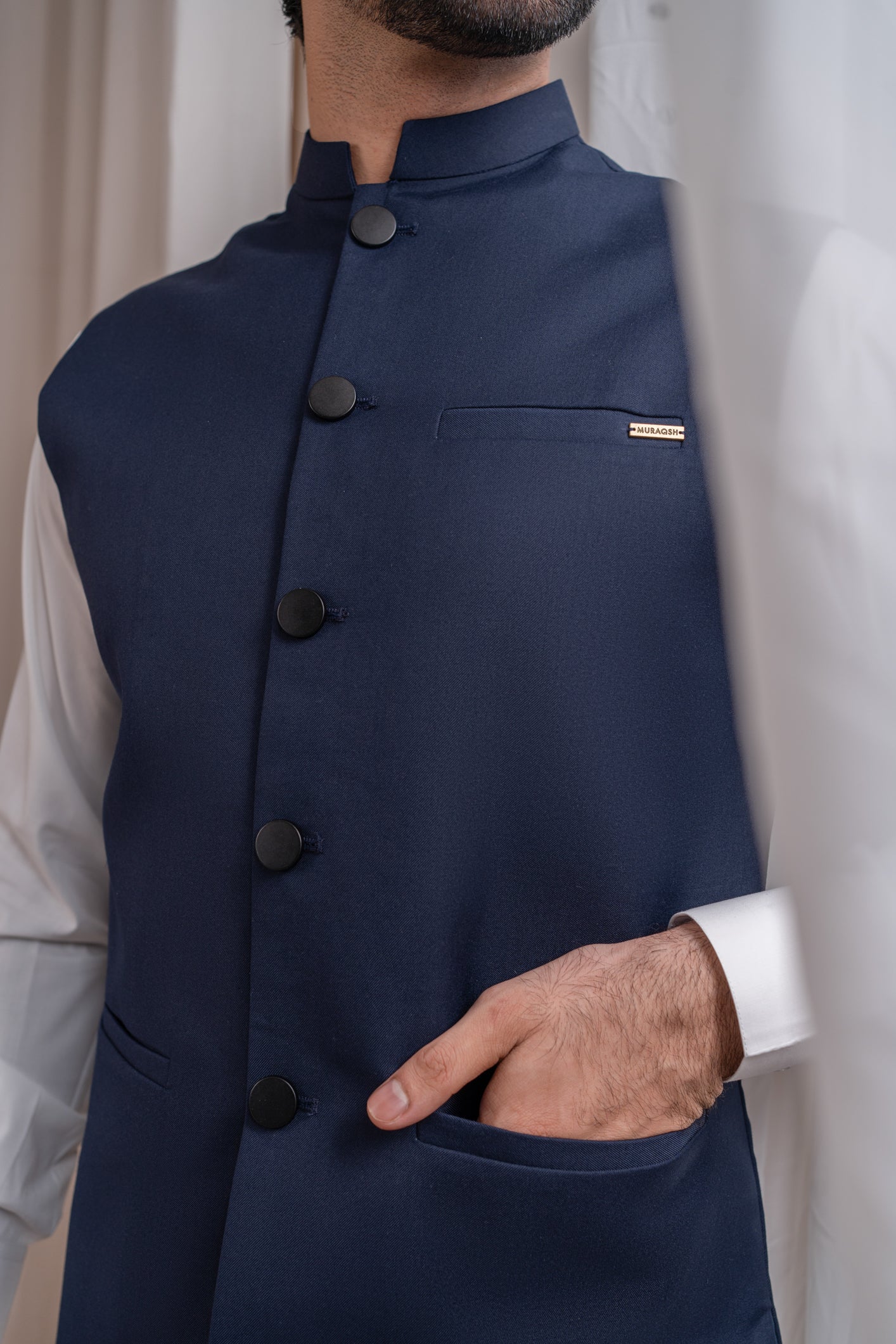 Off White Kurta Shalwar with Navy Blue Suiting Waistcoat - Straight Cut - Men