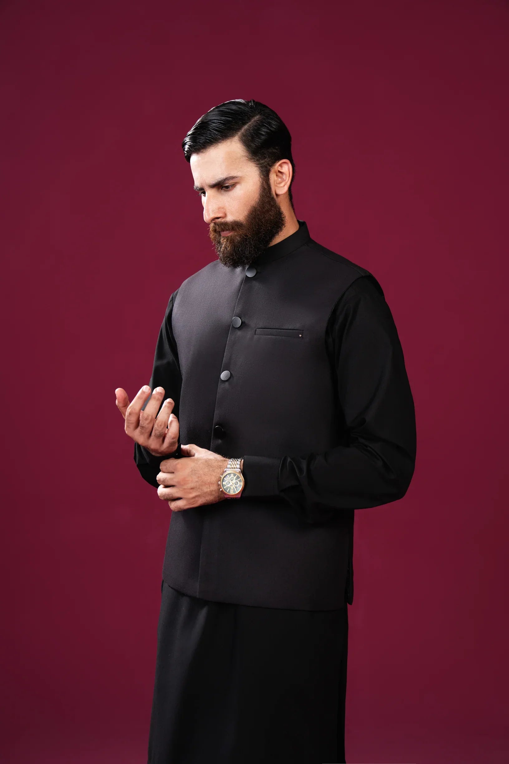 Black Kameez Shalwar with Suiting Waistcoat - Straight Cut - Men - Muraqsh -- Menswear