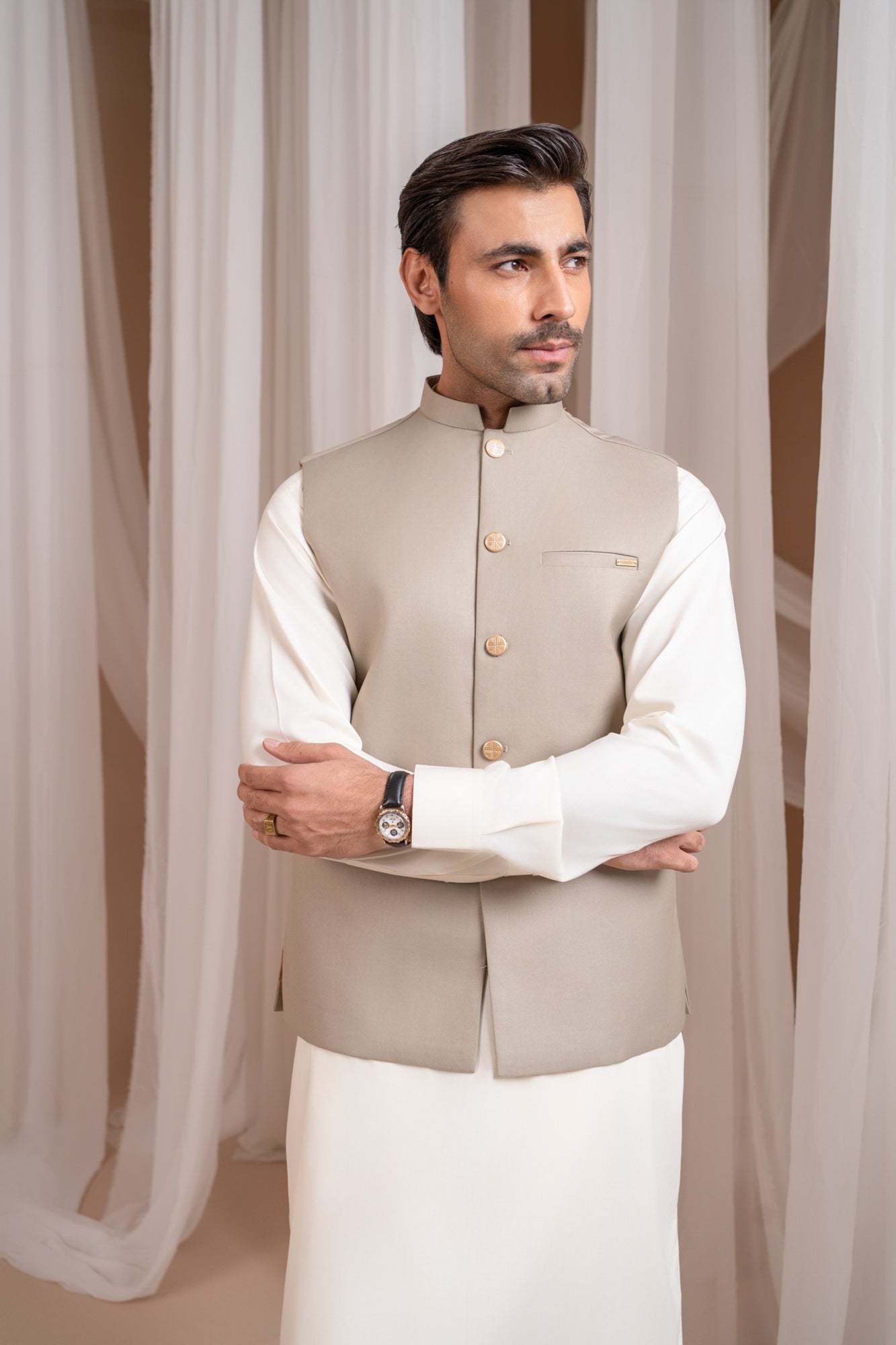 Bosky White Kurta Shalwar with Beige Suiting Waistcoat - Straight Cut - Men