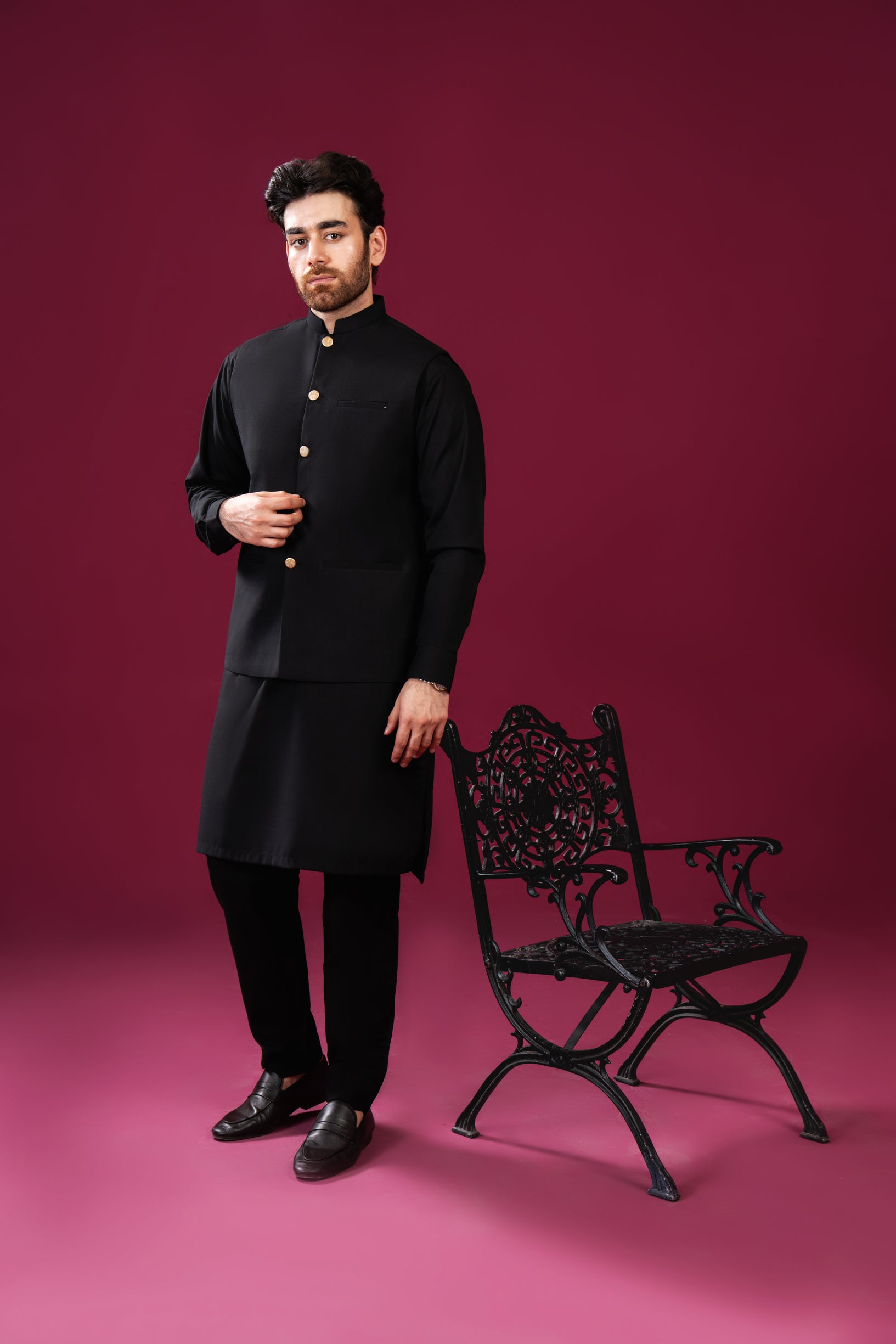 Black Kurta Trouser with Blended Waistcoat - Straight Cut - Men