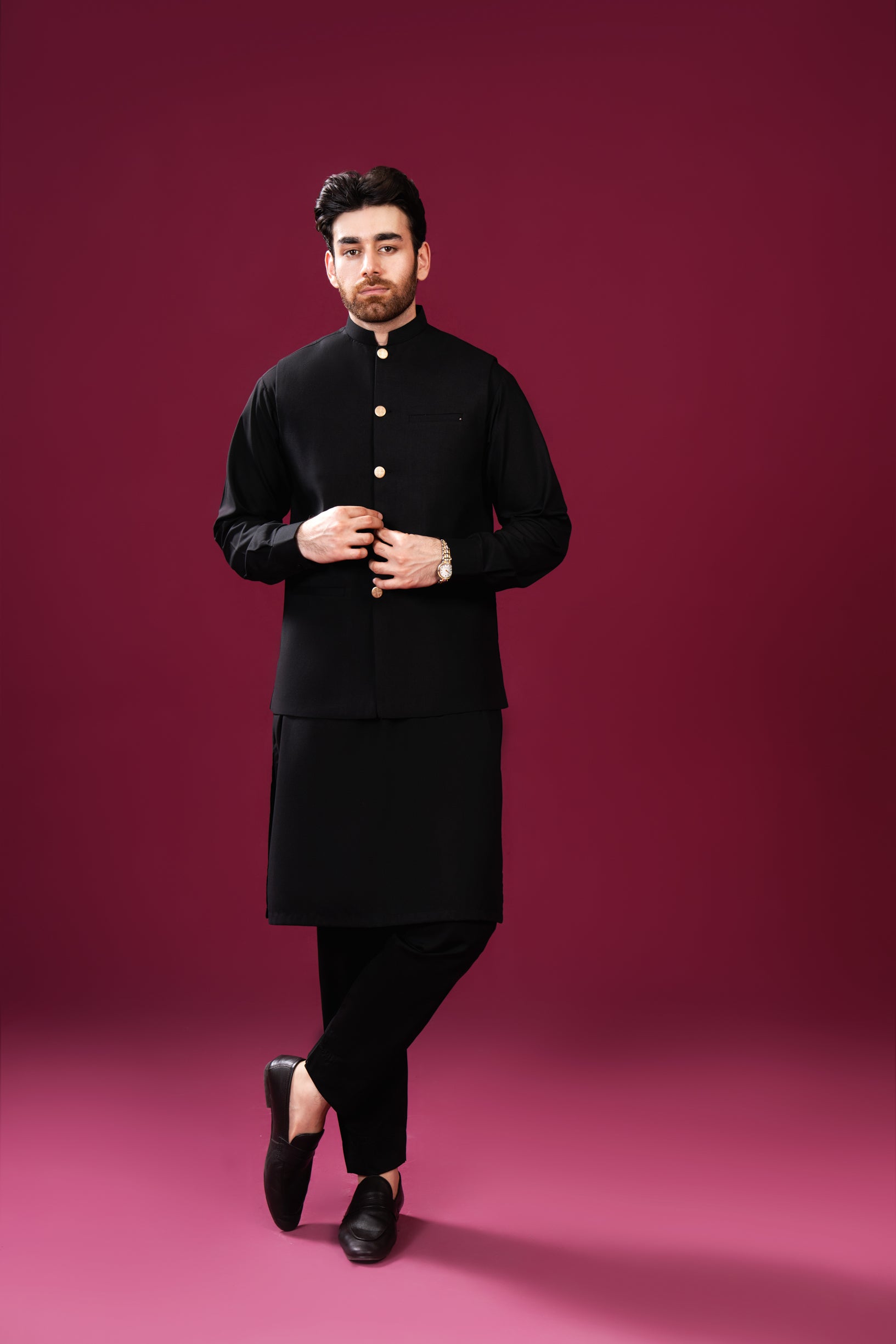 Black Kurta Trouser with Blended Waistcoat - Straight Cut - Men