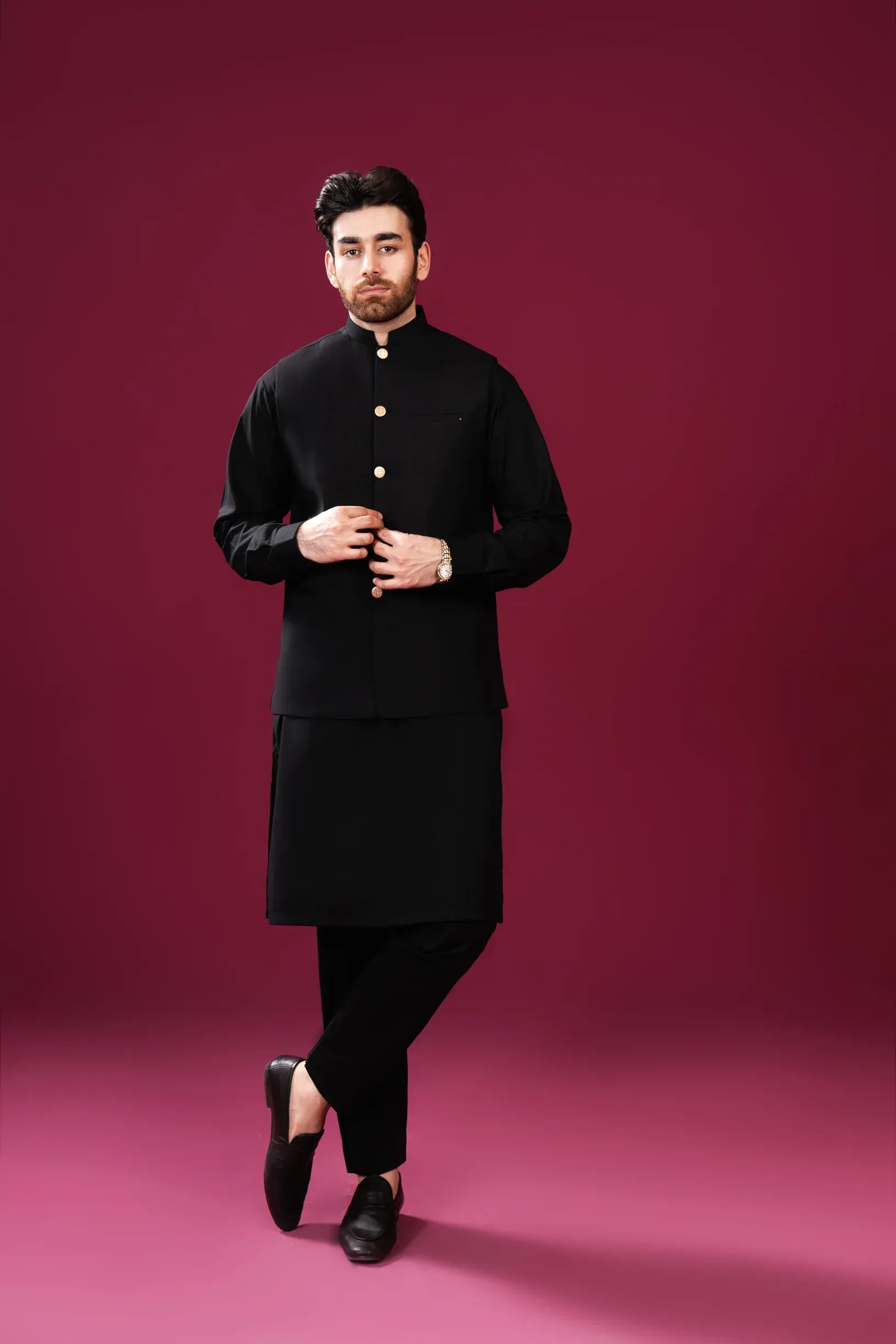 Black Kurta Trouser with Blended Waistcoat - Straight Cut - Men - Muraqsh -- Menswear
