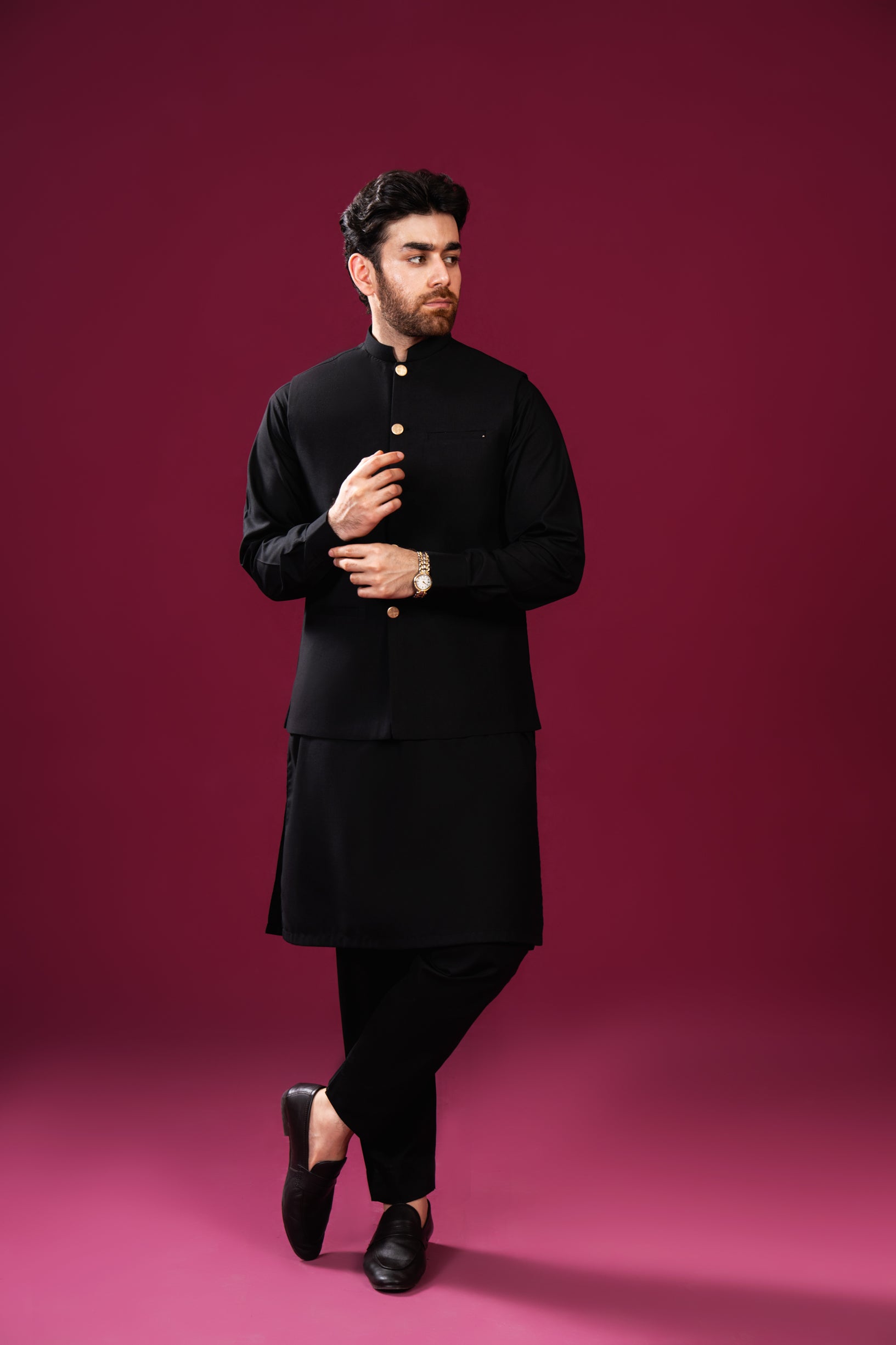 Black Kurta Trouser with Blended Waistcoat - Straight Cut - Men