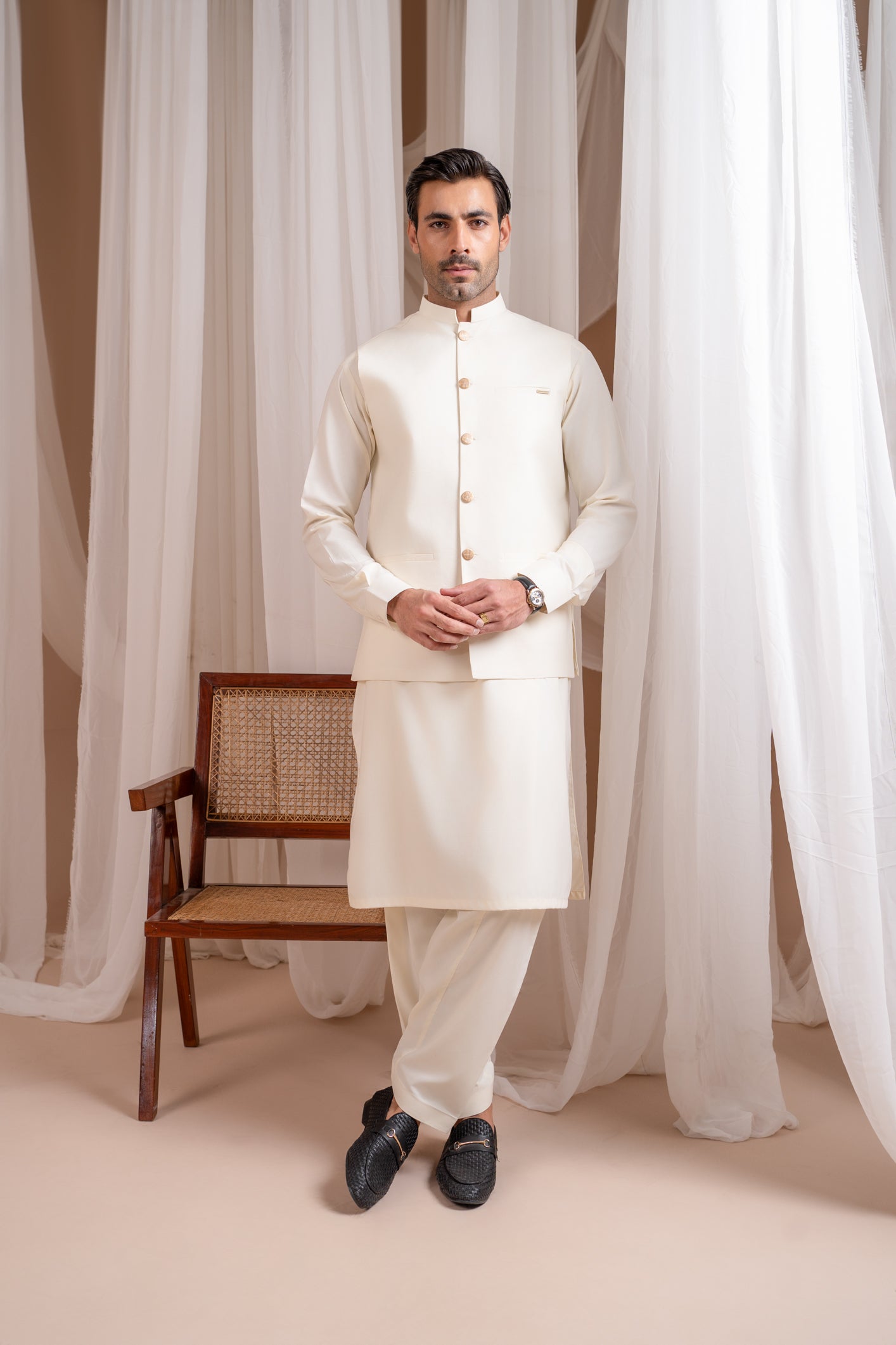 Bosky White Luxury Formal Kameez Shalwar with Blended Waistcoat - Straight Cut Buttoned - Men