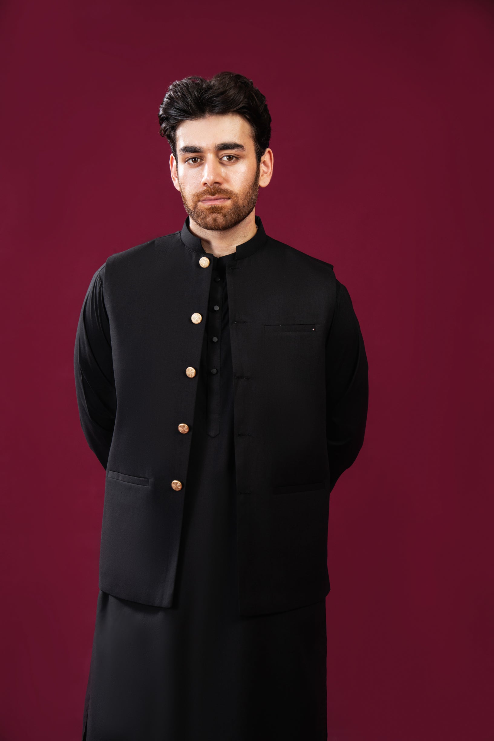 Black Blended Waistcoat - Straight Cut Buttoned - Men