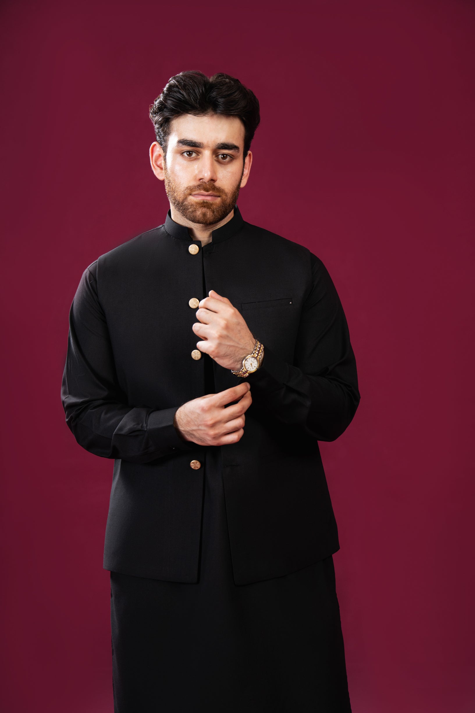 Black Kurta Trouser with Blended Waistcoat - Straight Cut - Men